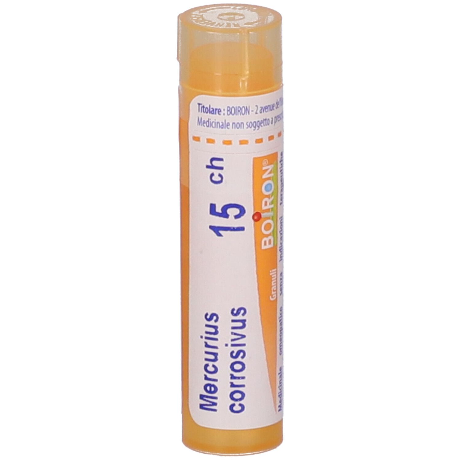 Tubo giallo con scritte bianche. 'Mercurius corrosivus 15 ch' e logo BOIRON. Coperchio trasparente.