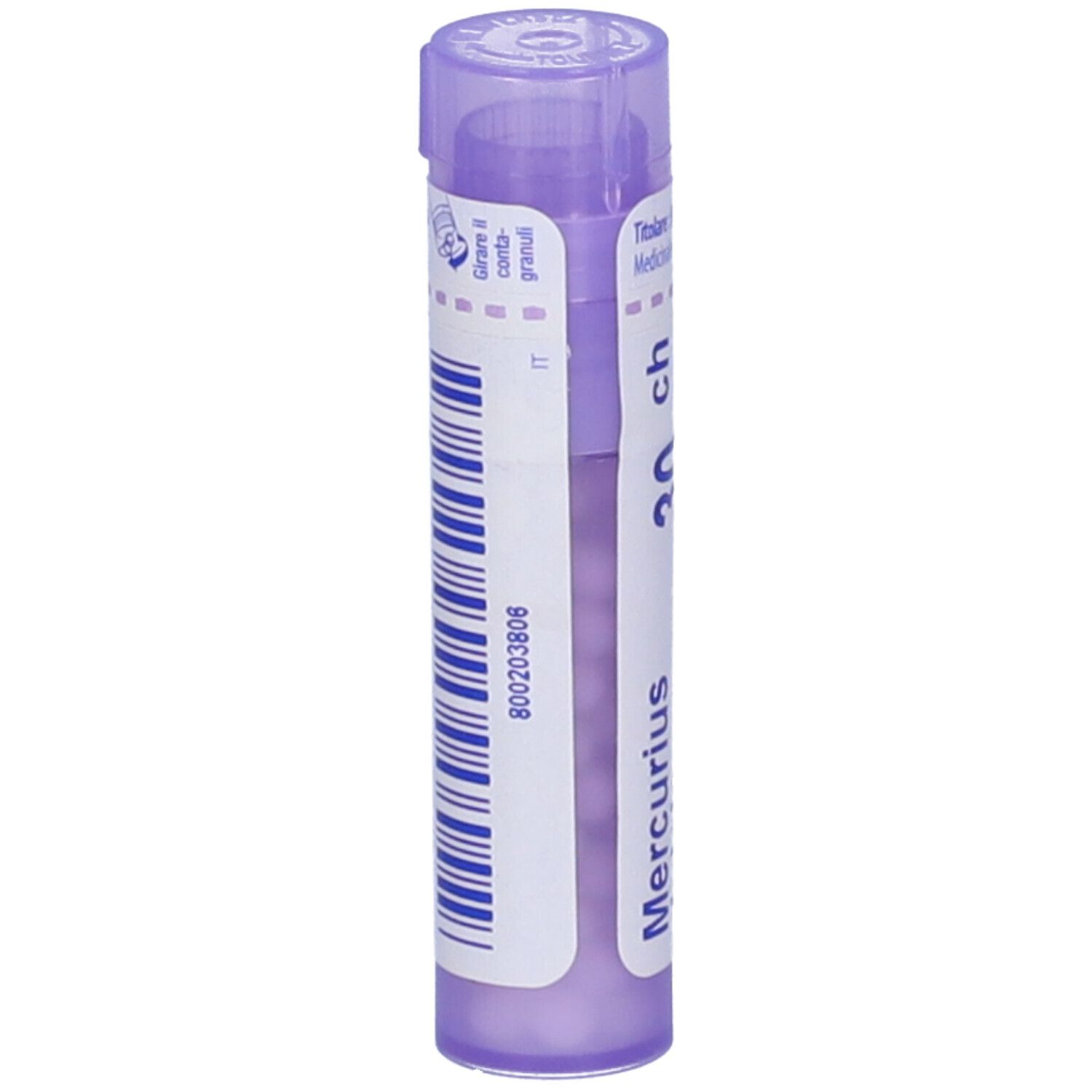 Confezione cilindrica, tappo viola. Scritta: Mercurius dulcis, 30 ch, BOIRON. Granuli. Retro con codice a barre.