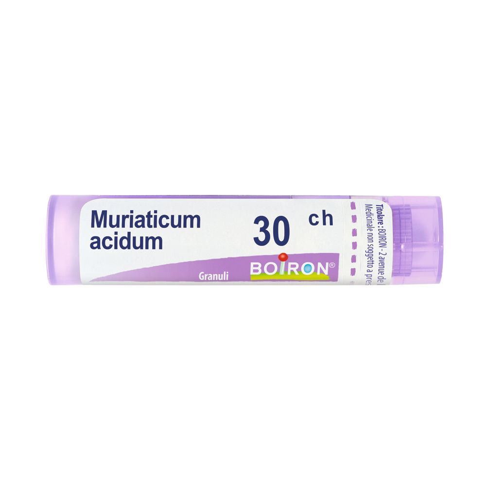 Confezione cilindrica con tappo viola. Scritta: Muriaticum acidum, 30 ch, Granuli, BOIRON.