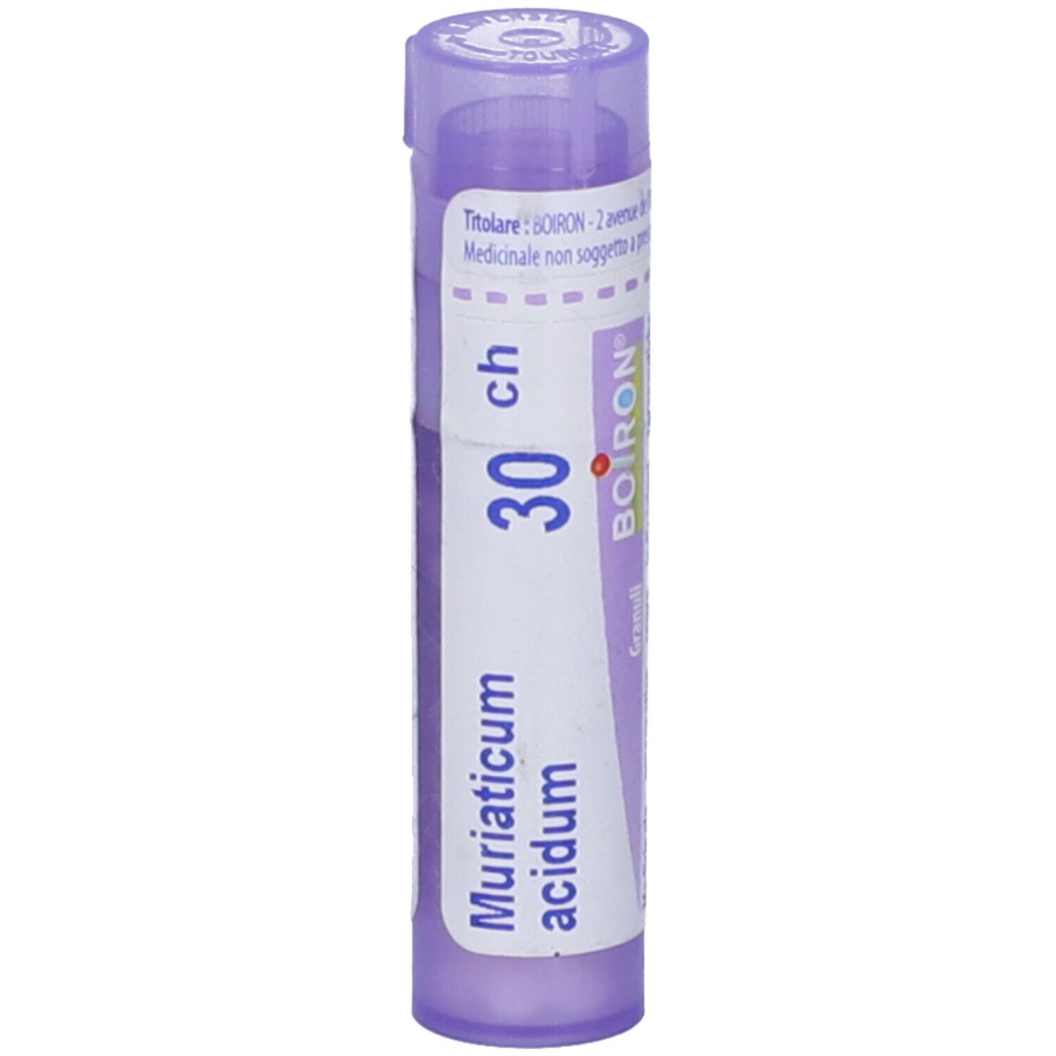Confezione cilindrica, tappo viola. Scritta: Muriaticum acidum, 30 ch, BOIRON. Vista verticale.