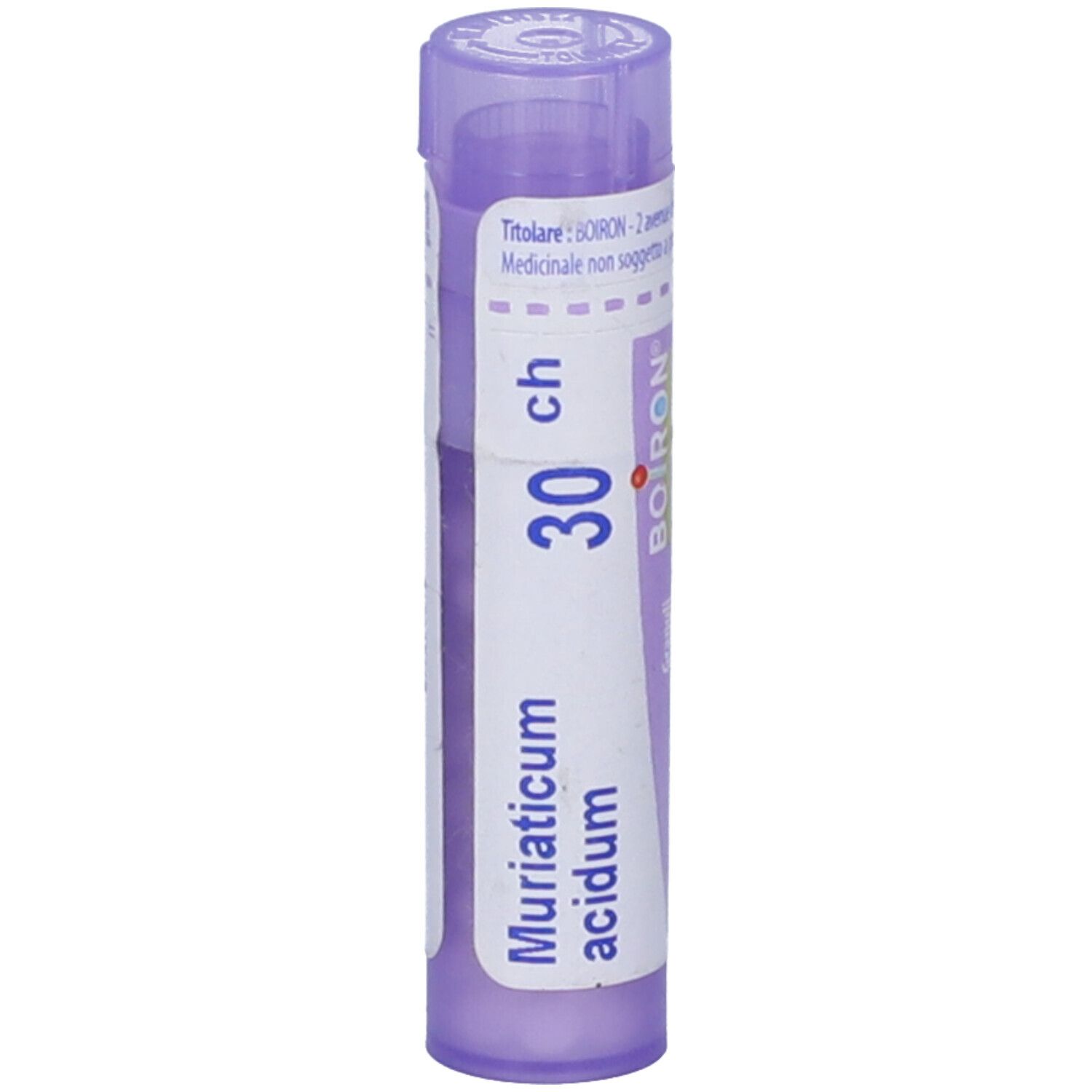 Confezione cilindrica, tappo viola. Scritta: Muriaticum acidum, 30 ch, BOIRON. Vista verticale.