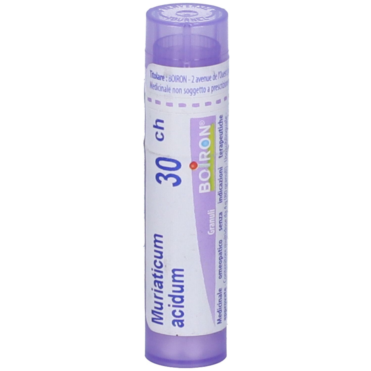 Confezione cilindrica, tappo viola. Scritta: Muriaticum acidum, 30 ch, BOIRON. Vista dettagliata.