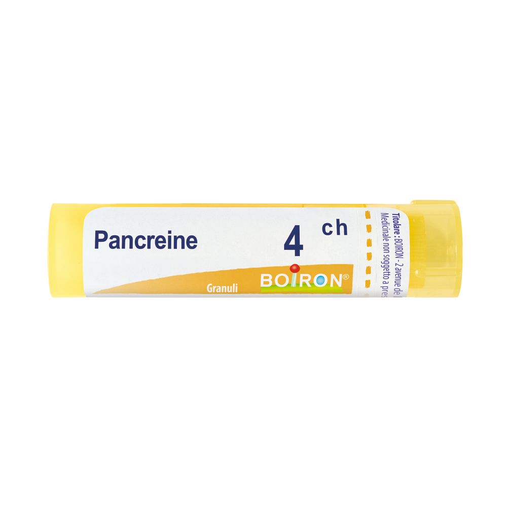 Tubo giallo con etichetta bianca. Scritta: Pancréine 4 ch, Granuli, BOIRON. Nome del prodotto e dosaggio ben visibili.