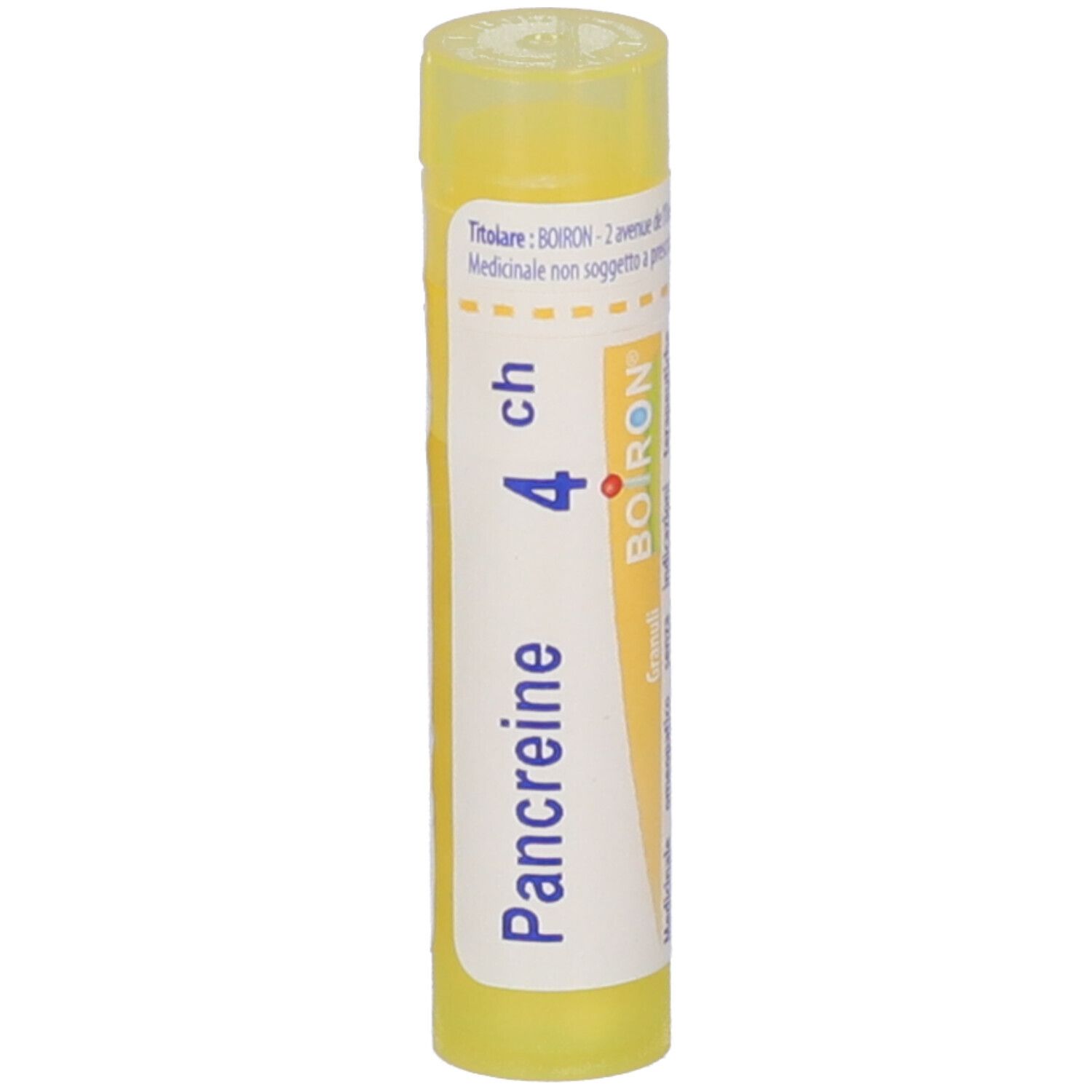 Tubo giallo con etichetta bianca. Scritta: Pancréine 4 ch, BOIRON. Nome e dosaggio visibili. Vista verticale.