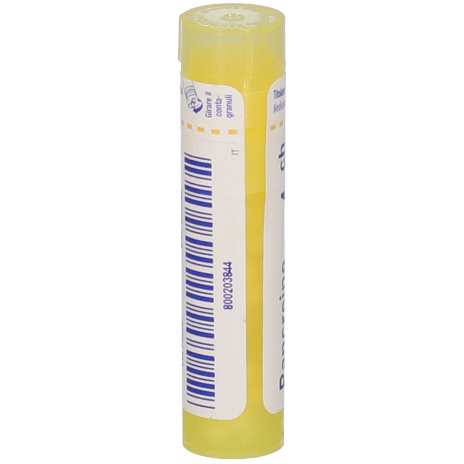 Tubo giallo con etichetta bianca. Codice a barre e altre informazioni sull'etichetta. Vista verticale.