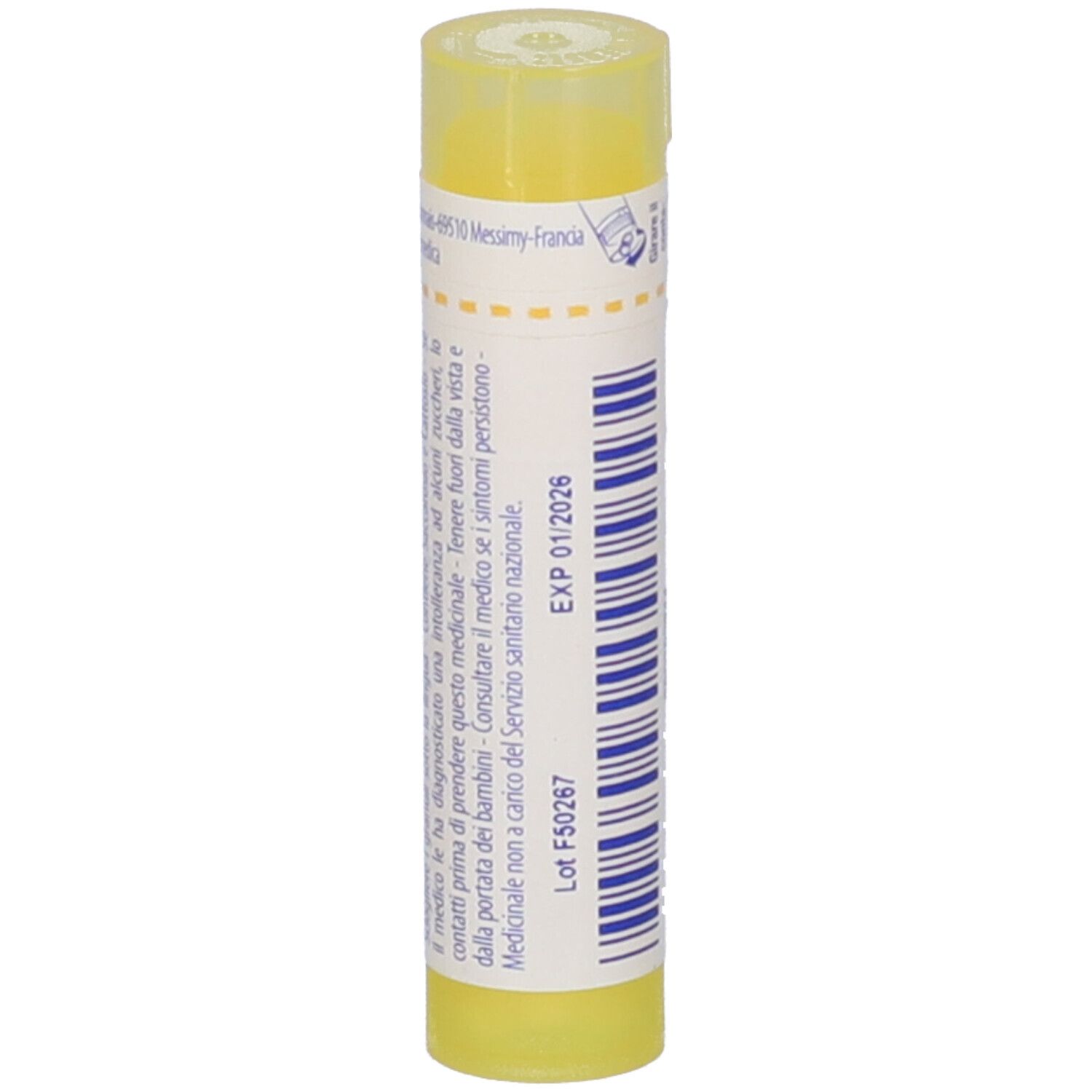 Tubo giallo con etichetta bianca. Scritta: EXP 01/2026. Altre informazioni sull'etichetta. Vista verticale.