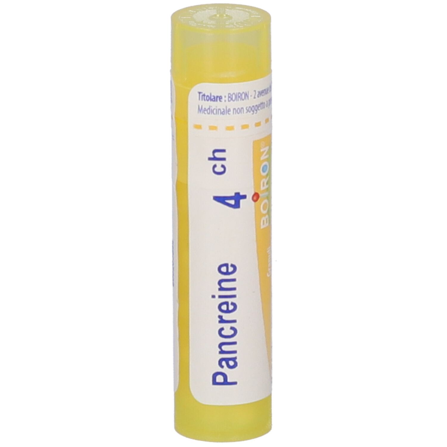 Tubo giallo con etichetta bianca. Scritta: Pancréine 4 ch, BOIRON. Nome e dosaggio visibili. Vista verticale.