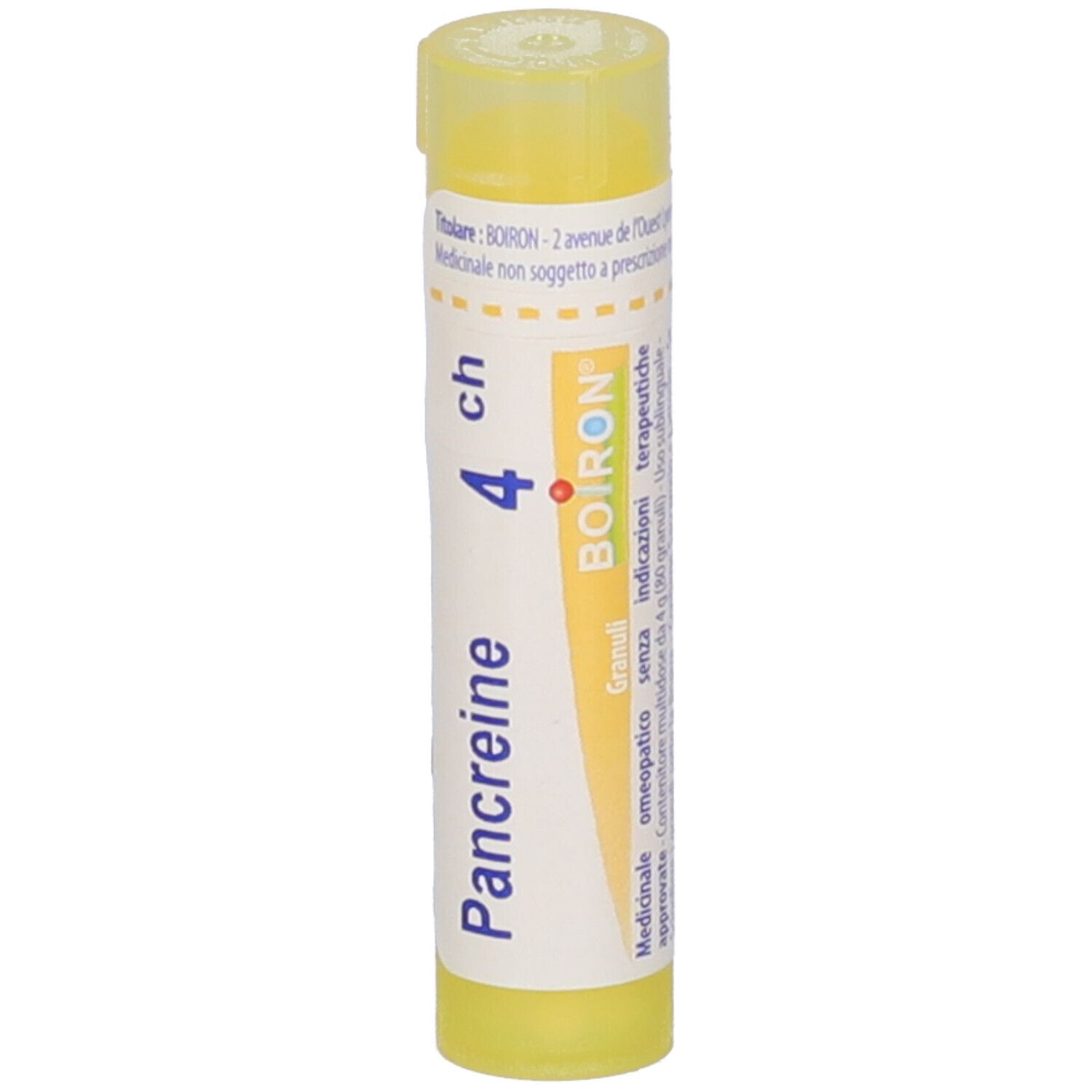 Tubo giallo con etichetta bianca. Scritta: Pancréine 4 ch, BOIRON. Nome e dosaggio visibili. Vista verticale.