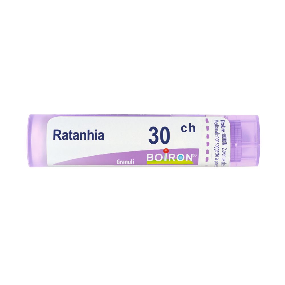 Tubo cilindrico viola con etichetta bianca. Scritta: Ratanhia 30 ch, Granuli, BOIRON.
