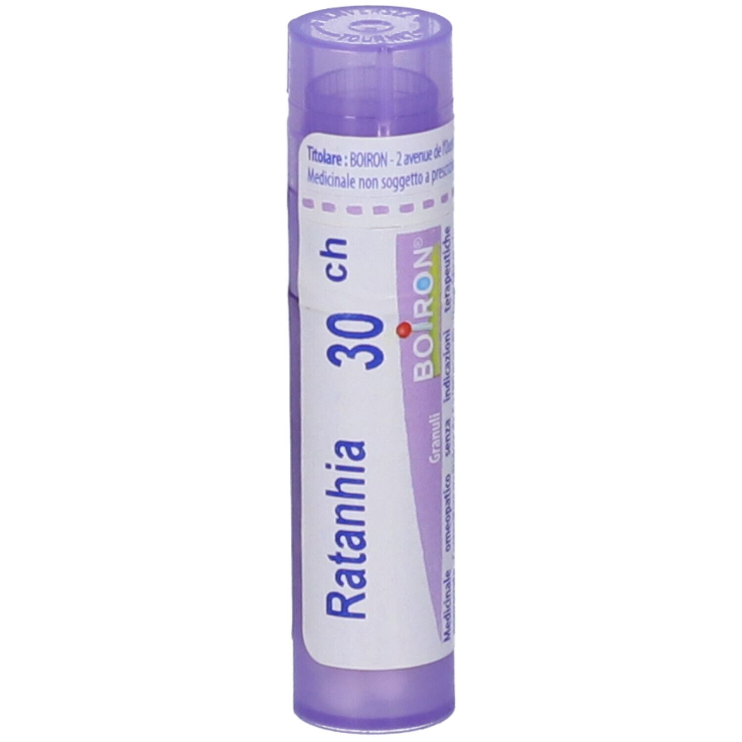 Tubo viola con etichetta bianca. Scritta: Ratanhia 30 ch, BOIRON. Scritta: Granuli.