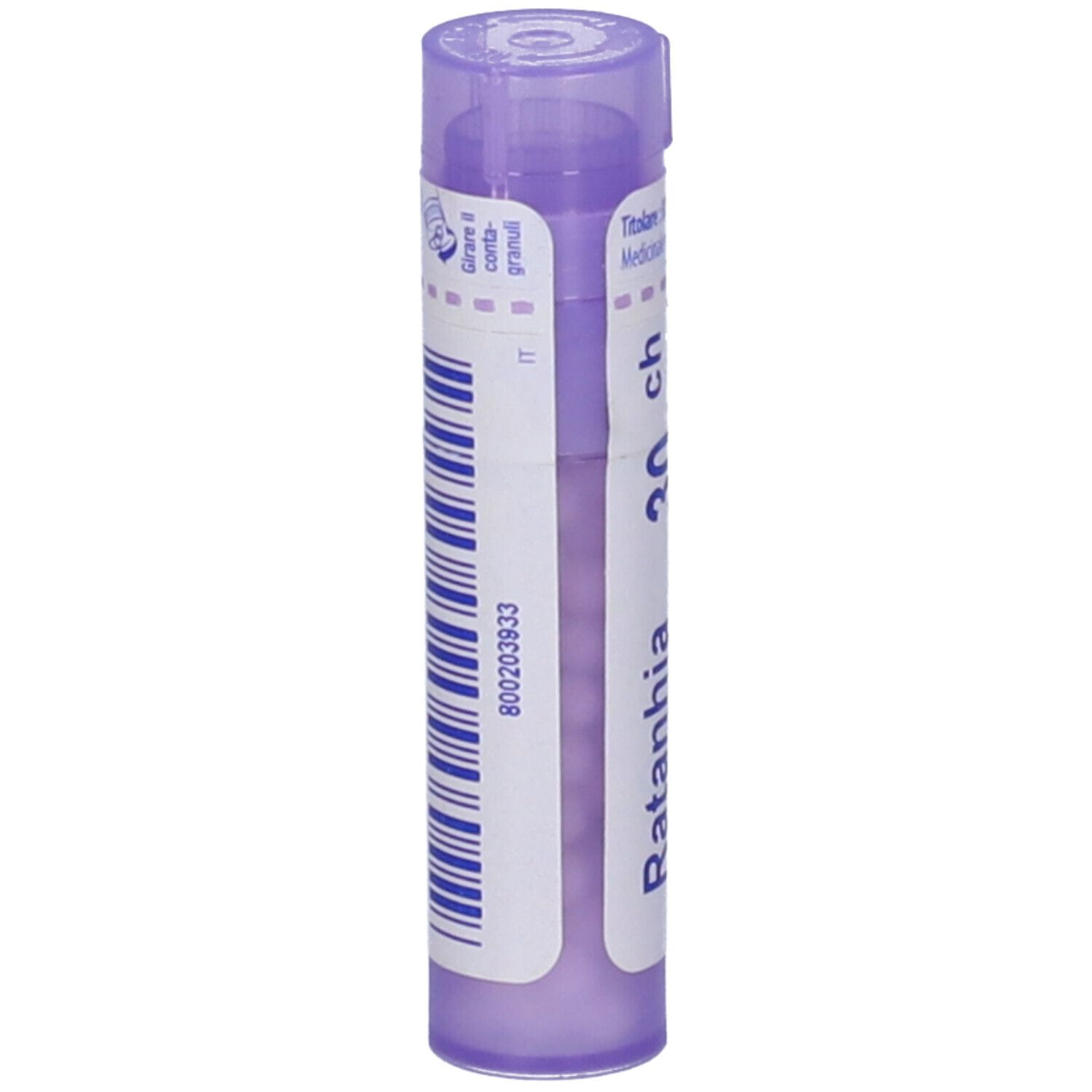 Tubo viola con etichetta bianca. Scritta: Ratanhia 30 ch. Codice a barre e numero stampati.