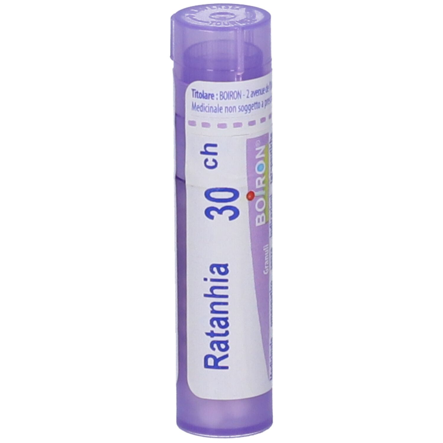 Tubo viola con etichetta bianca. Scritta: Ratanhia 30 ch, BOIRON. Scritta: Granuli.