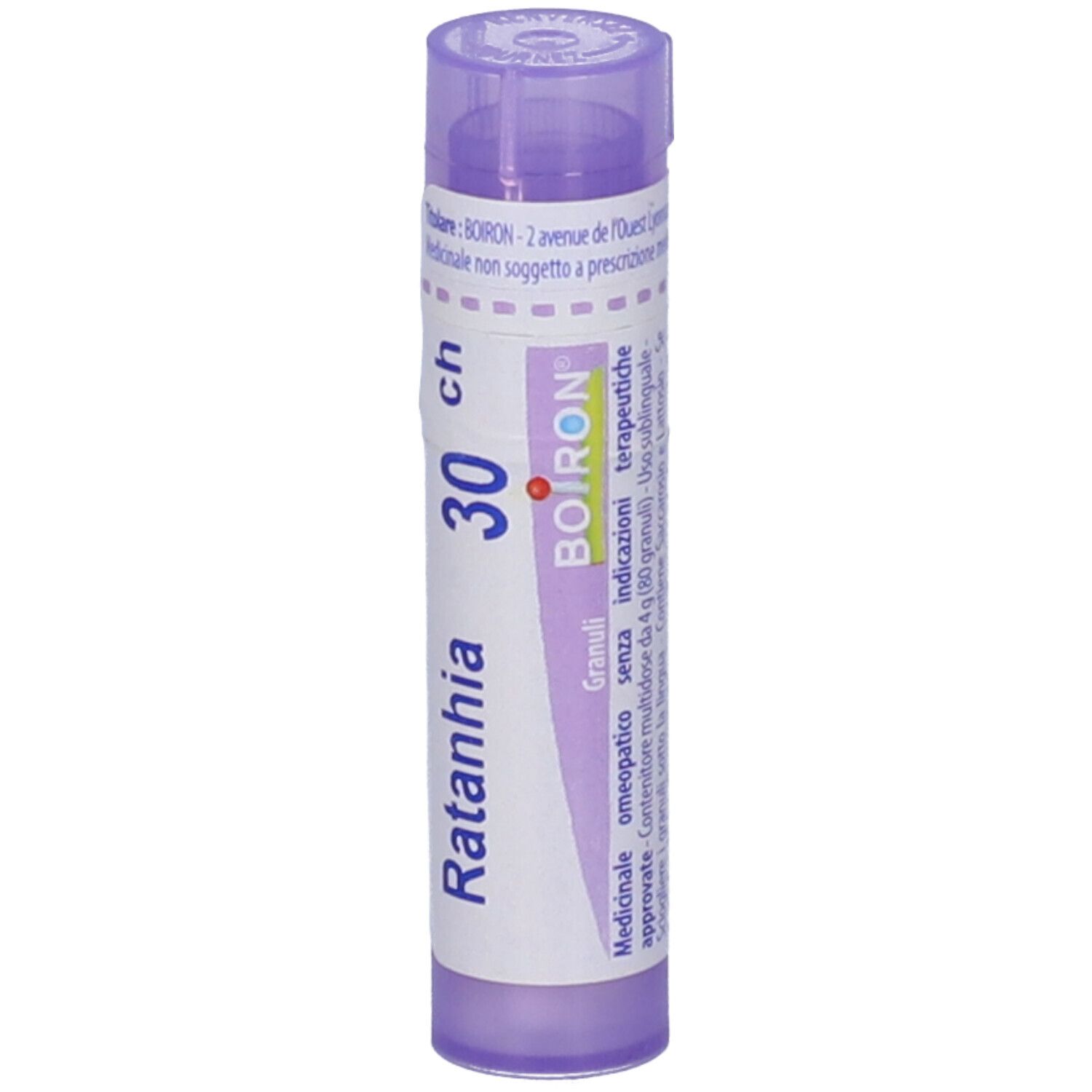 Tubo viola con etichetta bianca. Scritta: Ratanhia 30 ch, BOIRON. Scritta: Granuli.