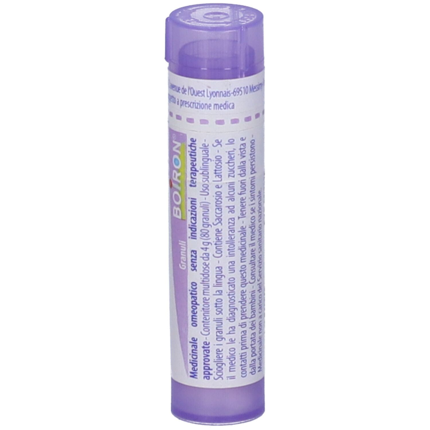 Tubo viola con etichetta bianca. Scritta: Ratanhia 30 ch, BOIRON. Scritta: Granuli.