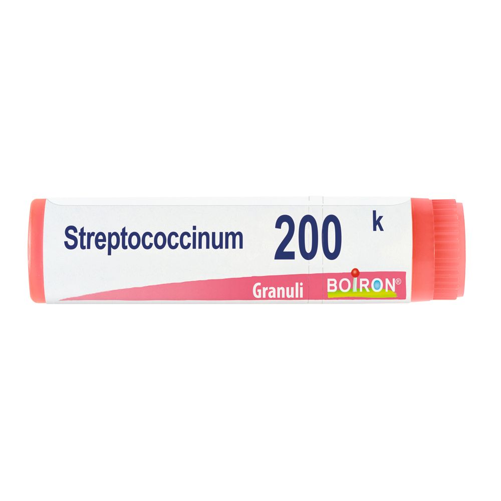 Confezione cilindrica con etichetta bianca. Scritta: Streptococcinum 200 K, Granuli, logo BOIRON.