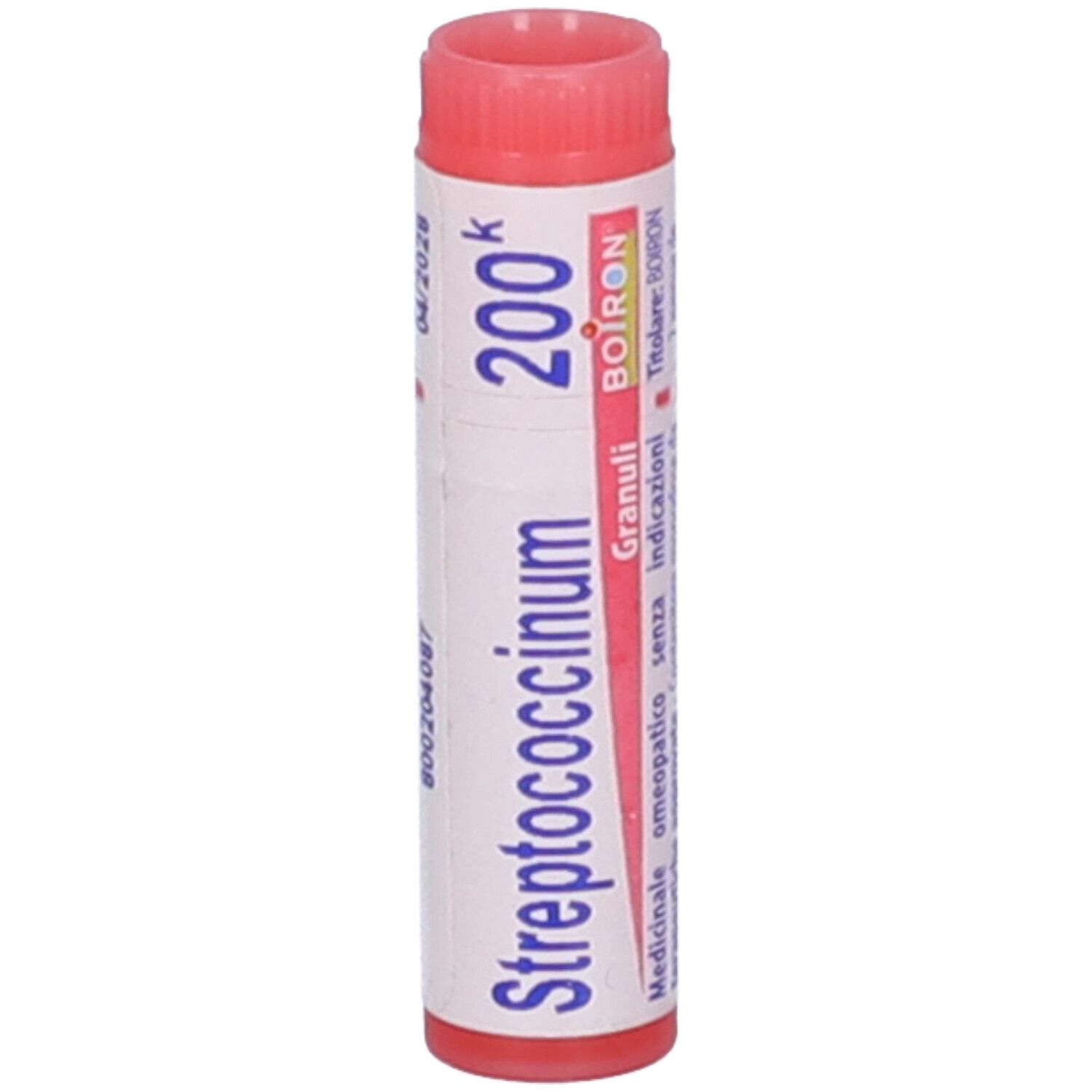 Confezione cilindrica con etichetta bianca. Scritta: Streptococcinum 200 K, Granuli, logo BOIRON.
