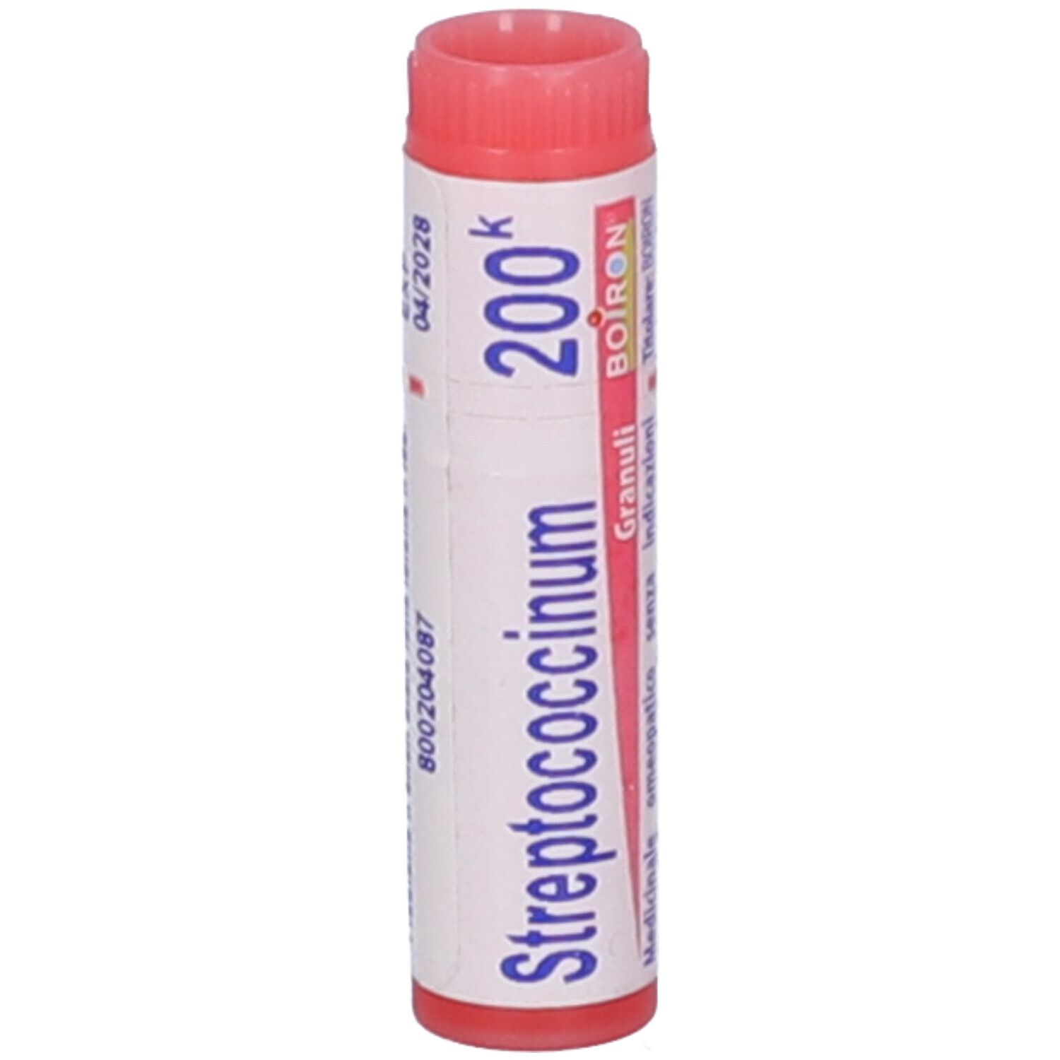 Confezione cilindrica con etichetta bianca. Scritta: Streptococcinum 200 K, Granuli, logo BOIRON.