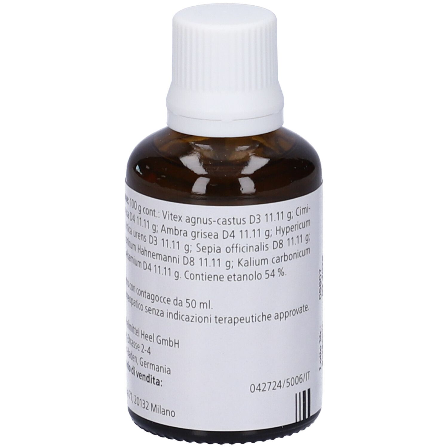 Flacone di vetro marrone con tappo bianco. Etichetta con ingredienti e informazioni del produttore.