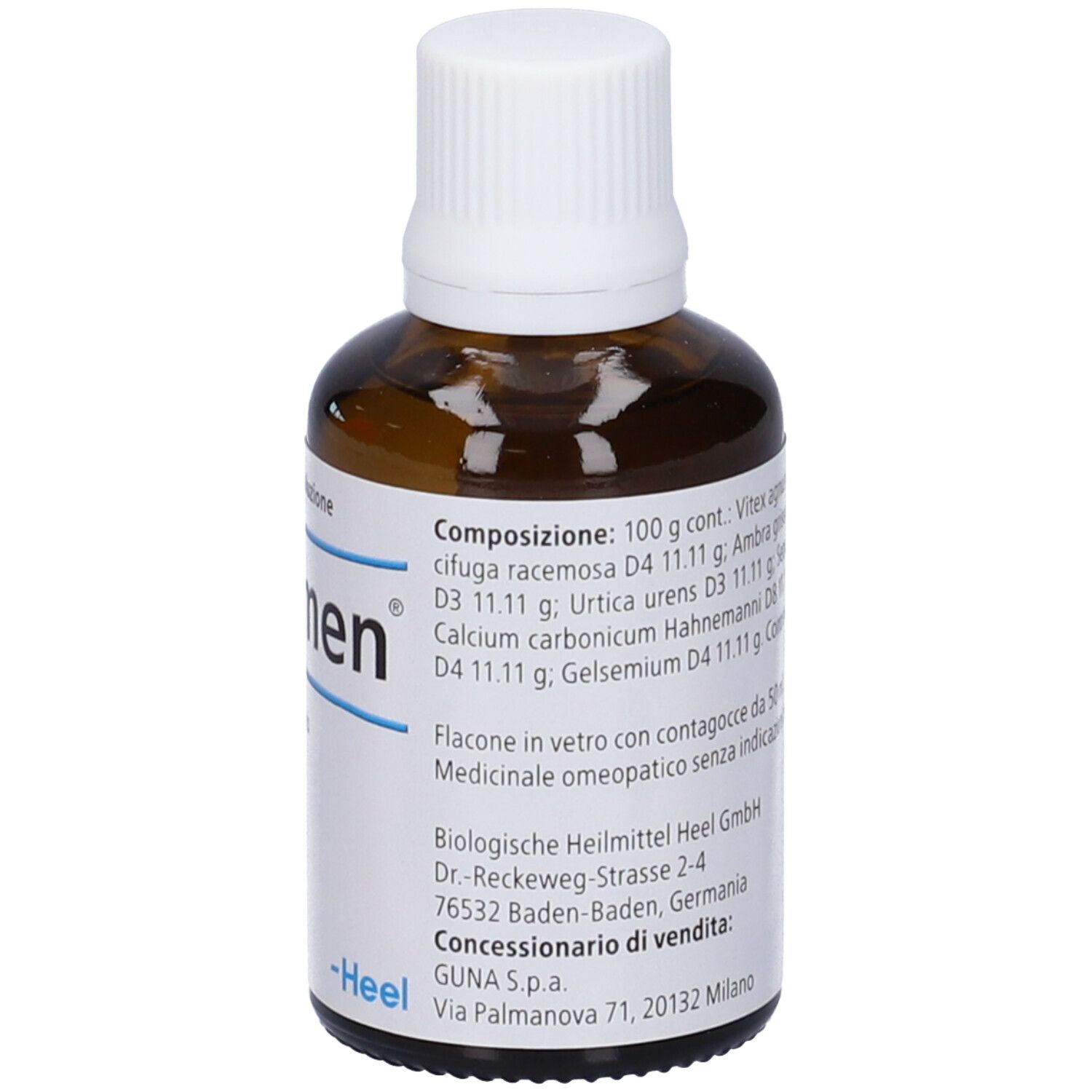 Flacone di vetro marrone con tappo bianco. Etichetta con ingredienti e informazioni del produttore.