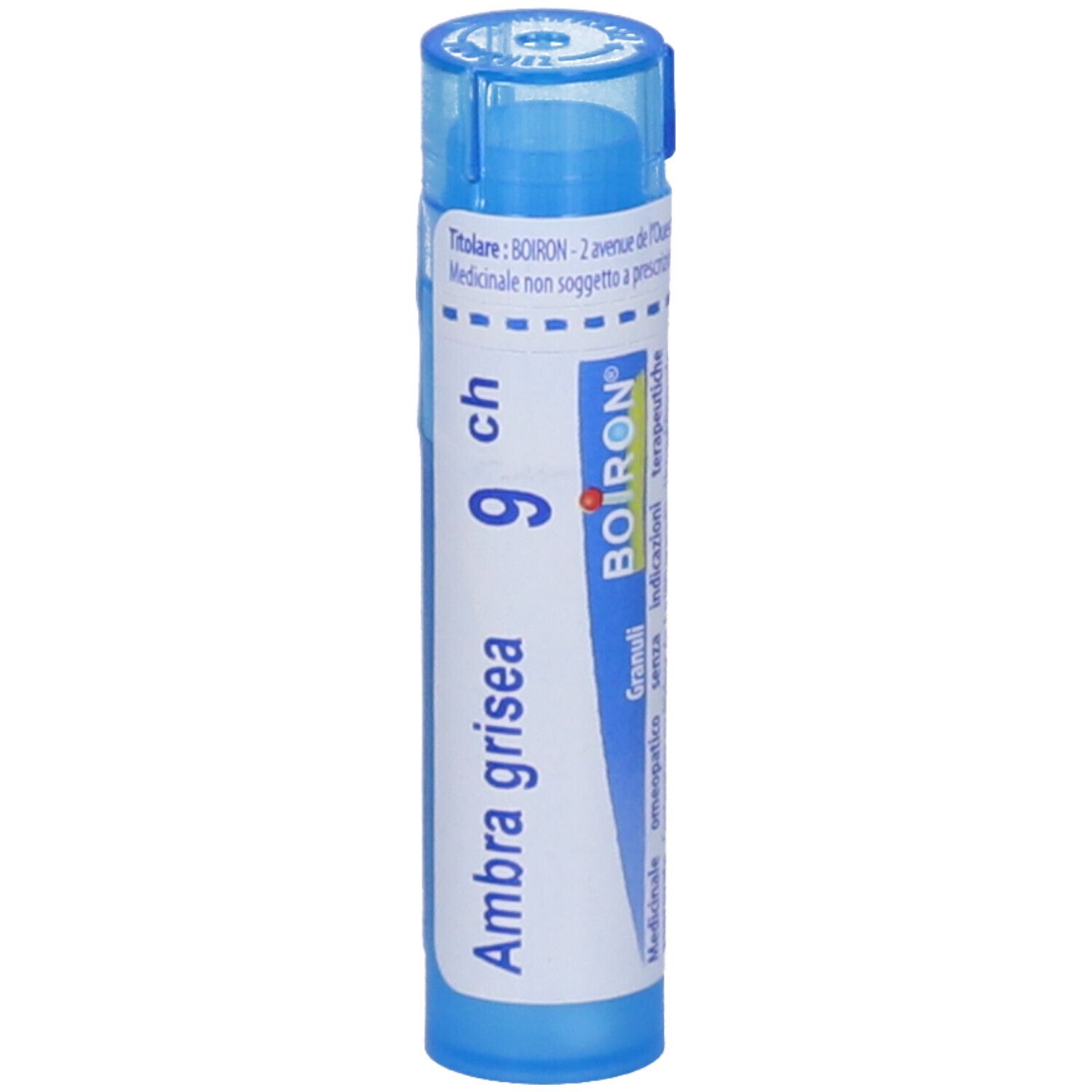 Tubo cilindrico blu. Scritta: Ambra grisea 9 ch, logo BOIRON. Etichetta bianca con informazioni.