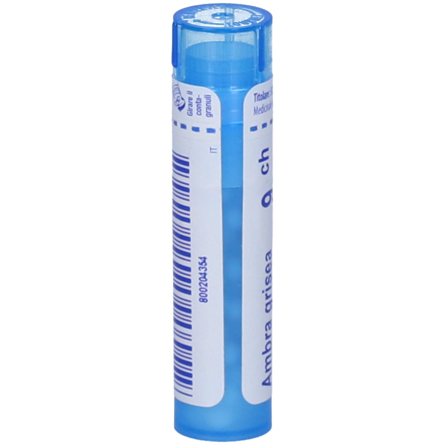 Tubo cilindrico blu con etichetta bianca. Scritta: Ambra grisea 9 ch. Codice a barre e numero.