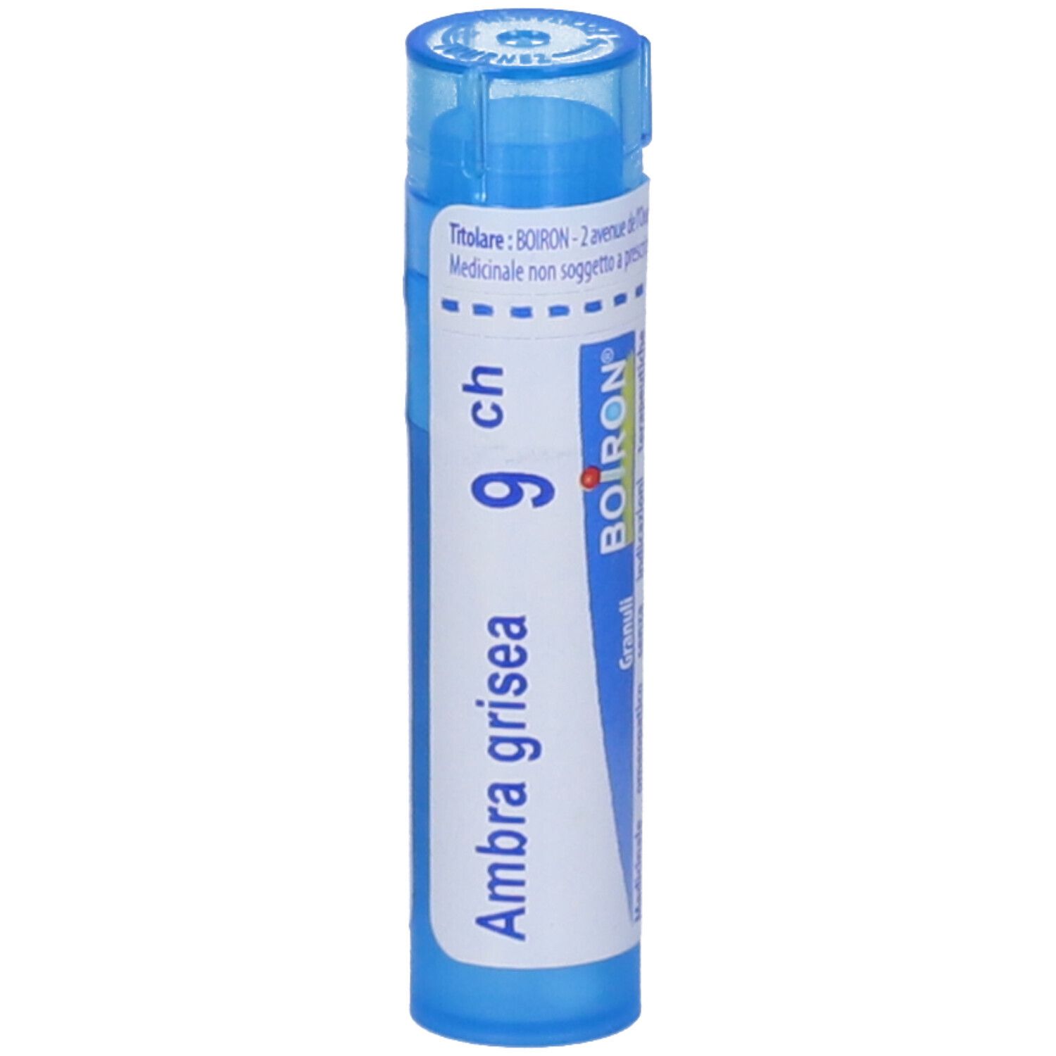 Tubo cilindrico blu. Scritta: Ambra grisea 9 ch, logo BOIRON. Etichetta bianca con informazioni.