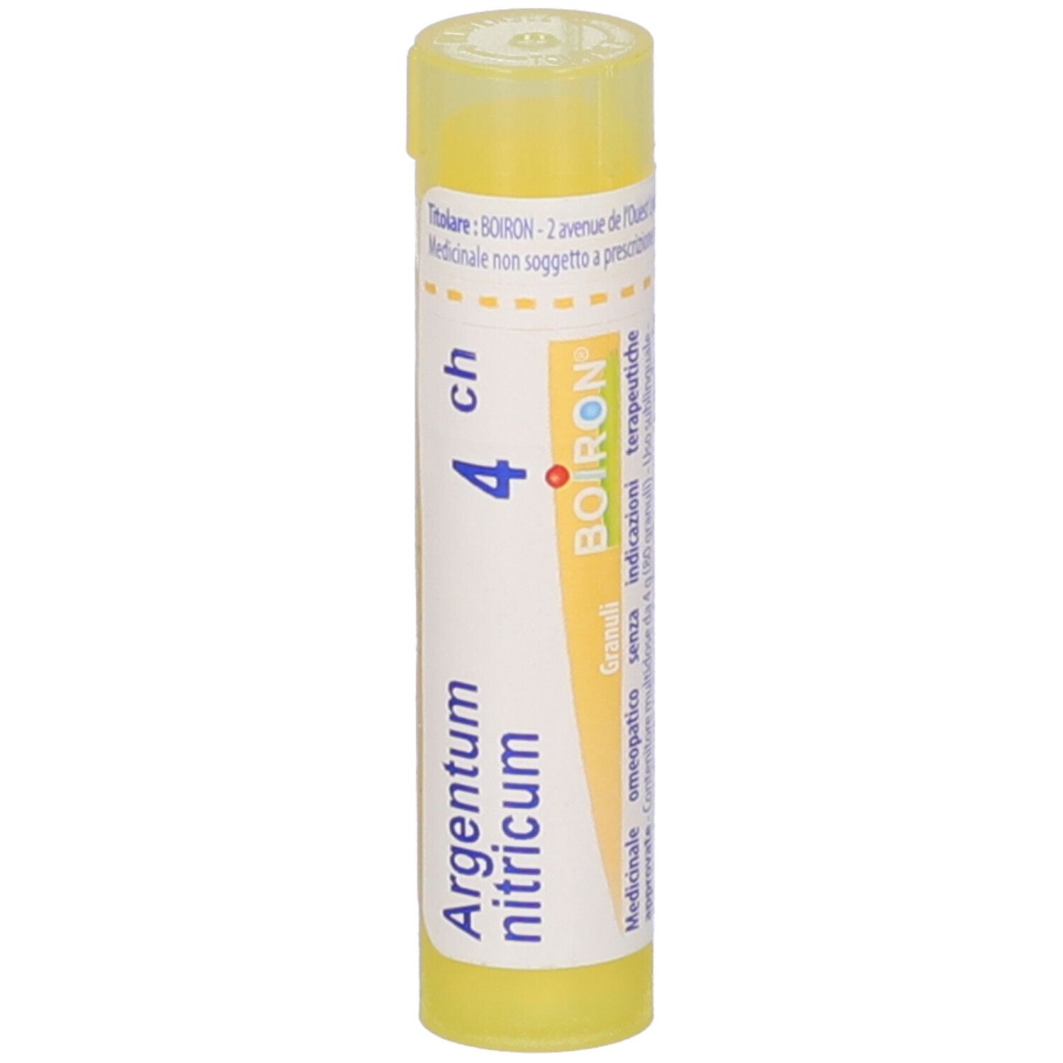 Tubo giallo con etichetta bianca. Scritta: Argentum nitricum 4 ch, logo BOIRON. Vista verticale.
