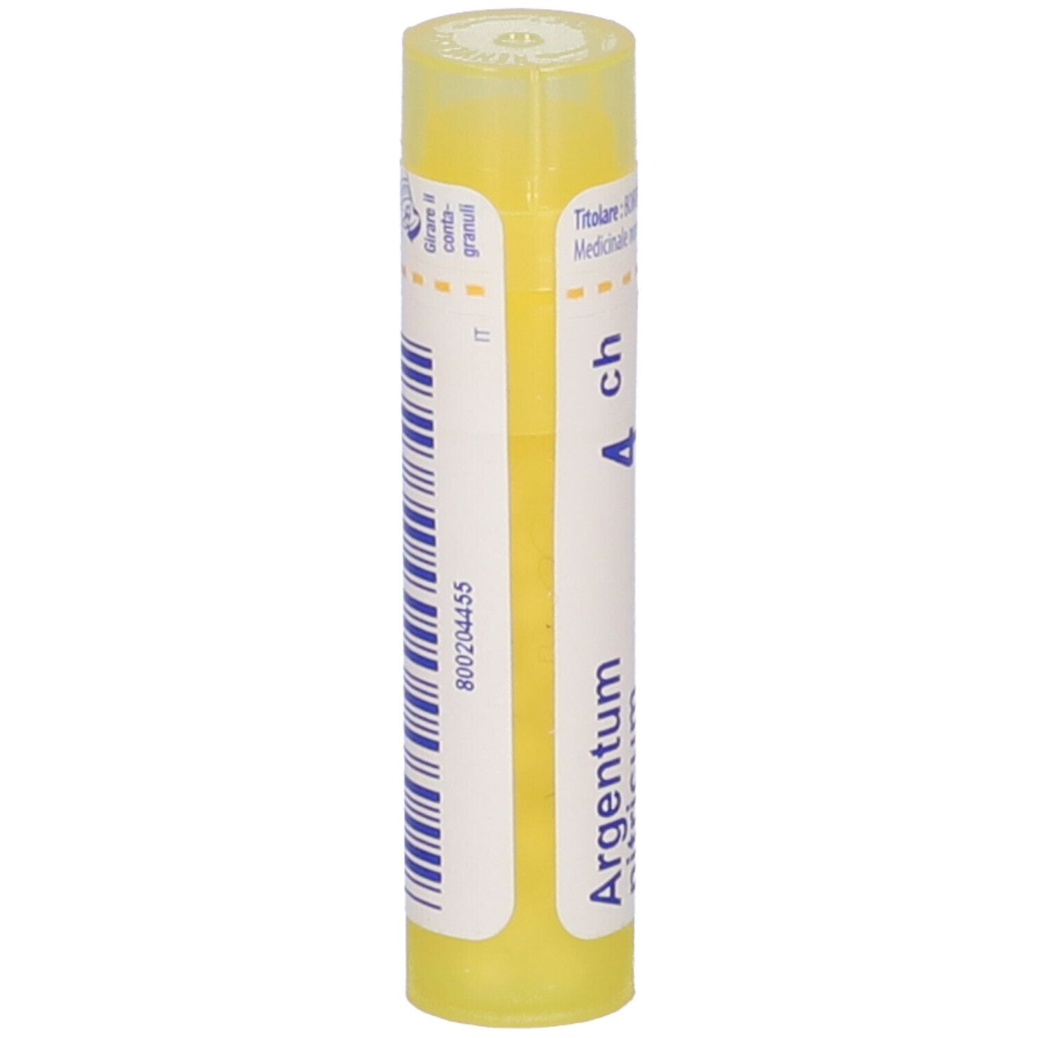 Tubo giallo con etichetta bianca. Argentum nitricum 4 ch. Codice a barre e altre informazioni.