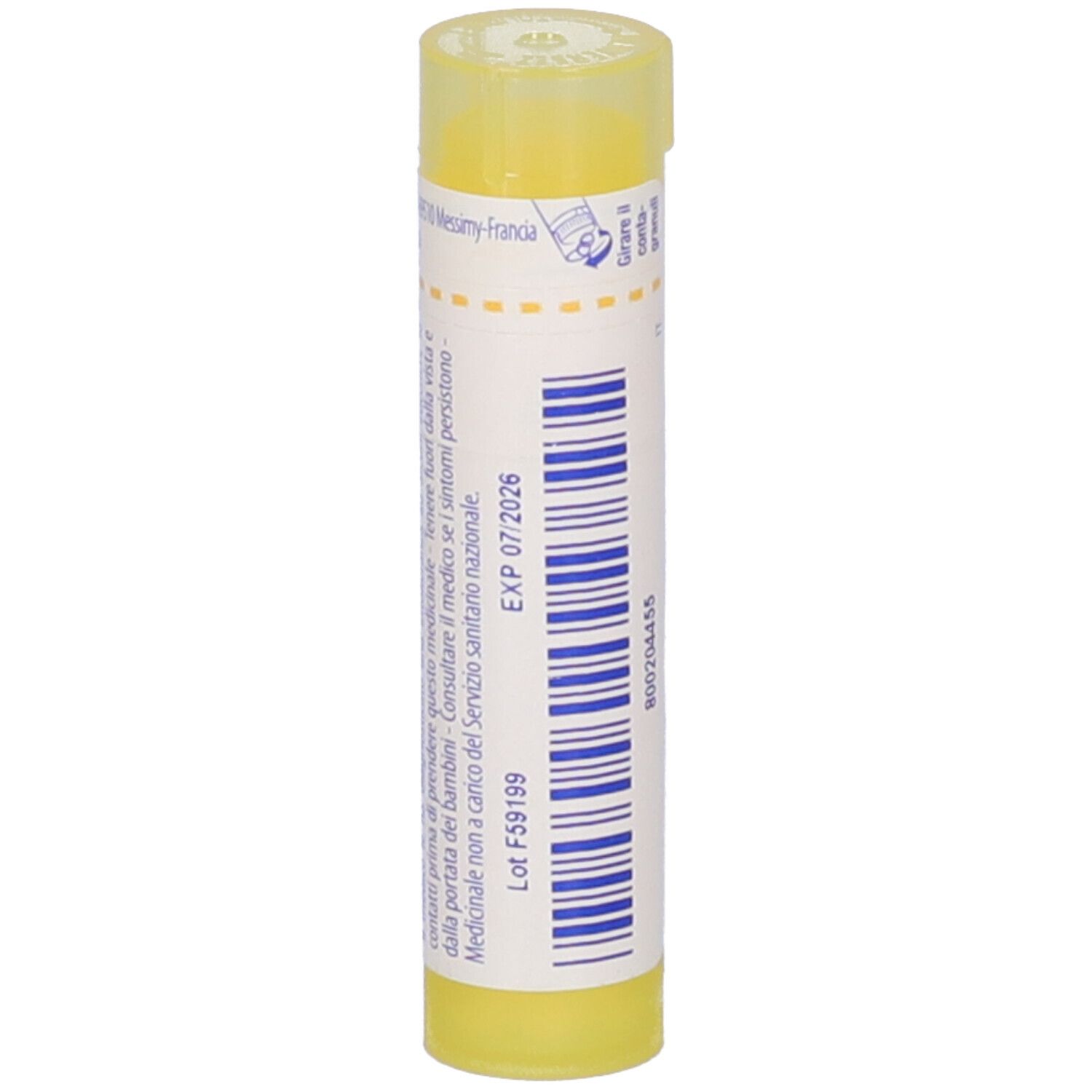 Tubo giallo con etichetta bianca. Argentum nitricum 4 ch. Scadenza: 07/2026. Lotto F59199.