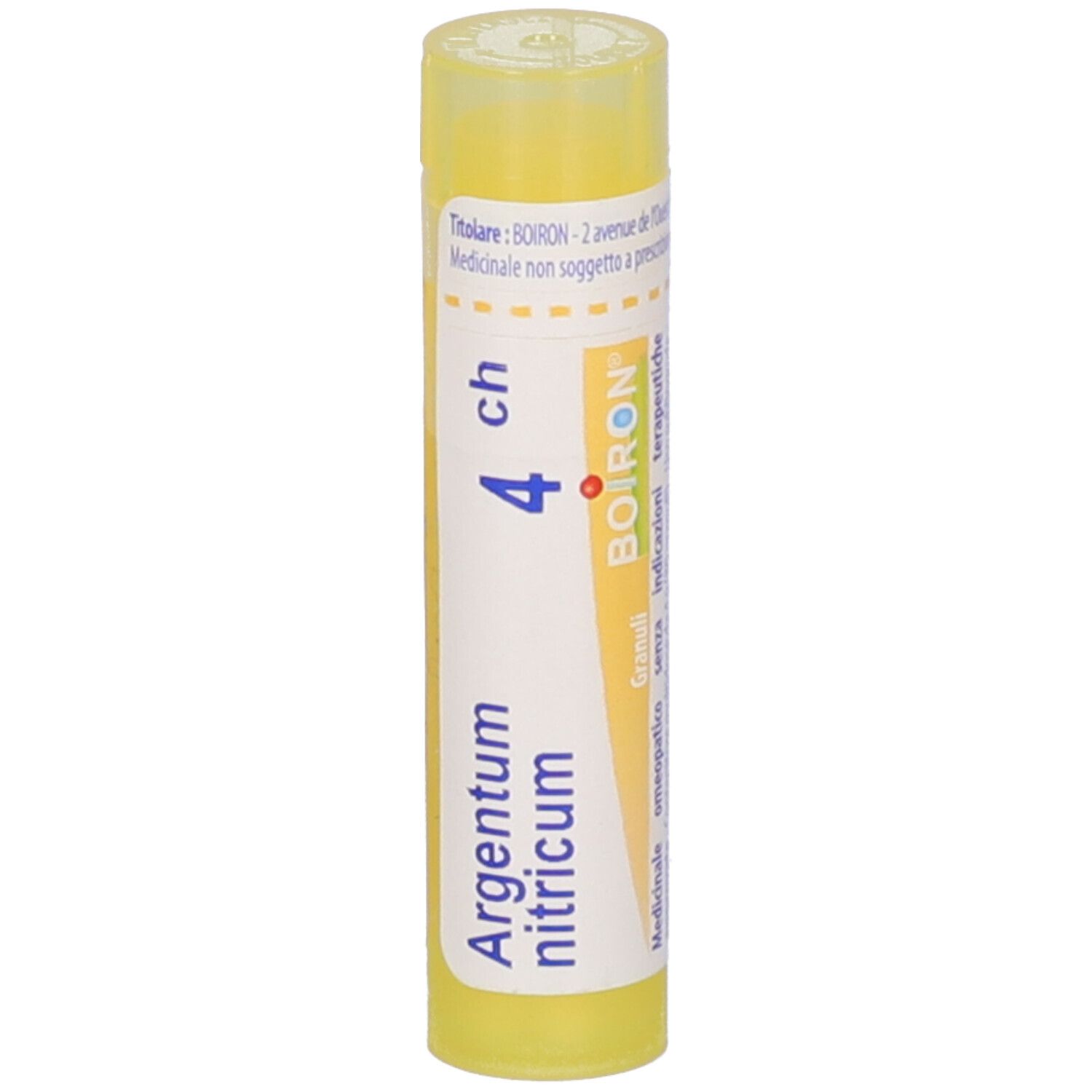 Tubo giallo con etichetta bianca. Scritta: Argentum nitricum 4 ch, logo BOIRON. Vista verticale.
