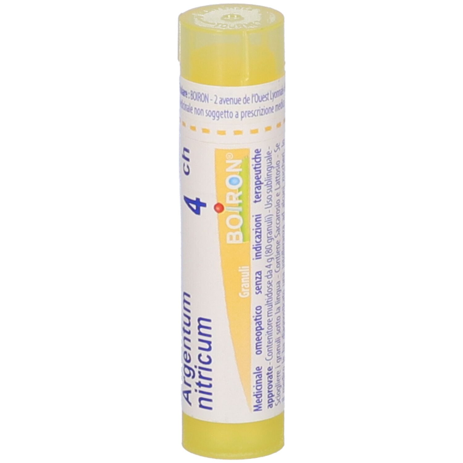 Tubo giallo con etichetta bianca. Scritta: Argentum nitricum 4 ch, logo BOIRON. Omeopatico.