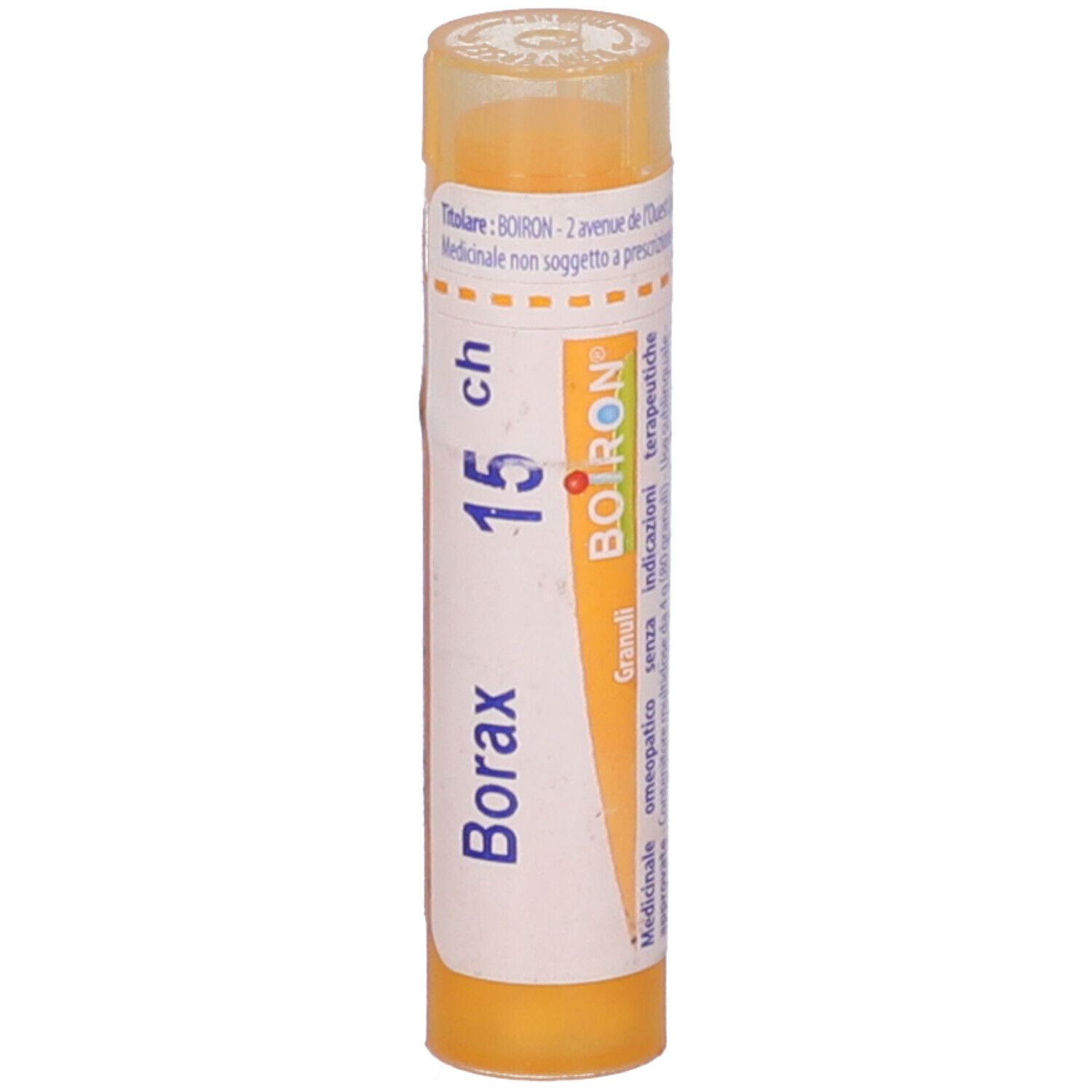 Tubo giallo con etichetta bianca. Scritta: Borax 15 ch, BOIRON, Granuli.