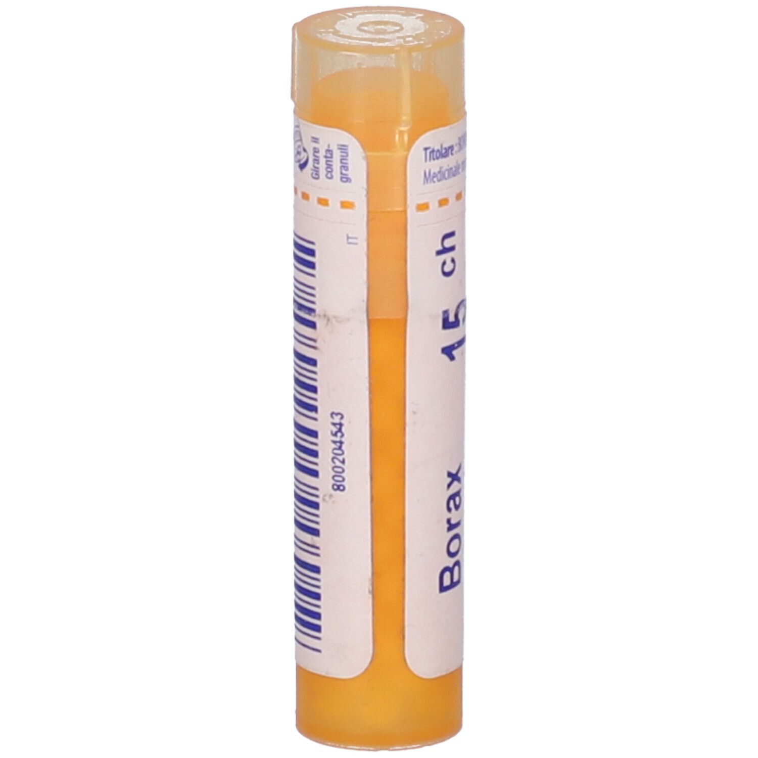 Tubo giallo con etichetta bianca. Scritta: Borax 15 ch, BOIRON, Granuli.