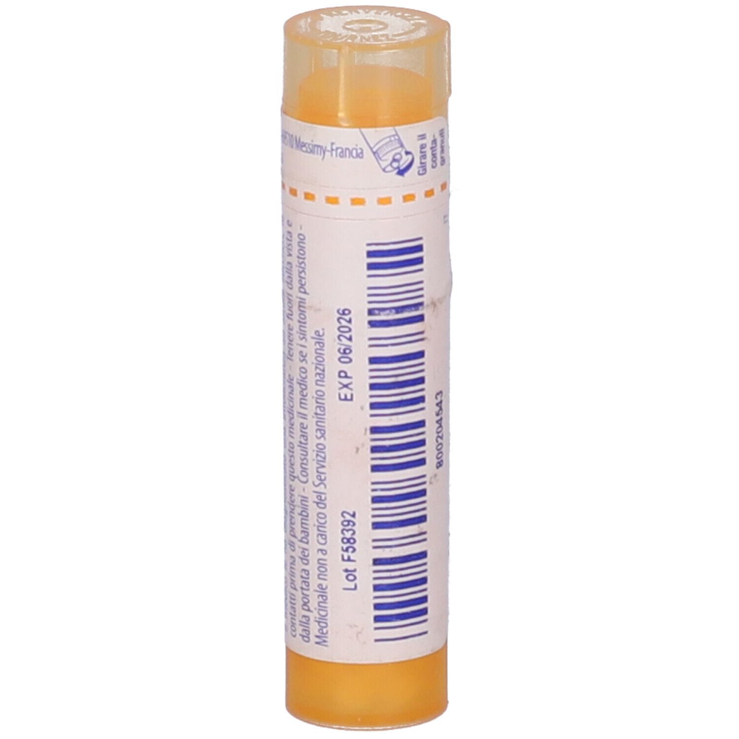 Tubo giallo con etichetta bianca. Scritta: Borax 15 ch, BOIRON, Granuli.