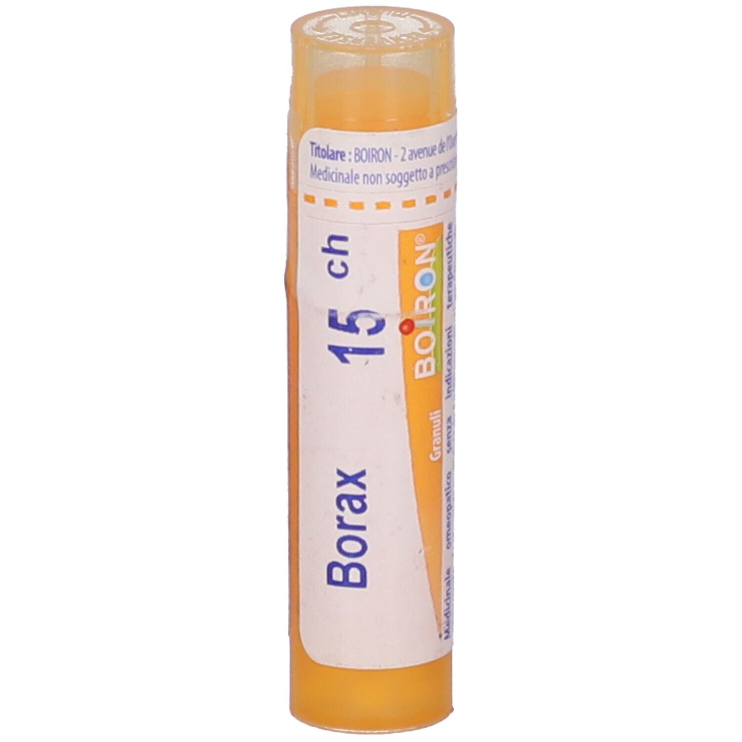 Tubo giallo con etichetta bianca. Scritta: Borax 15 ch, BOIRON, Granuli.