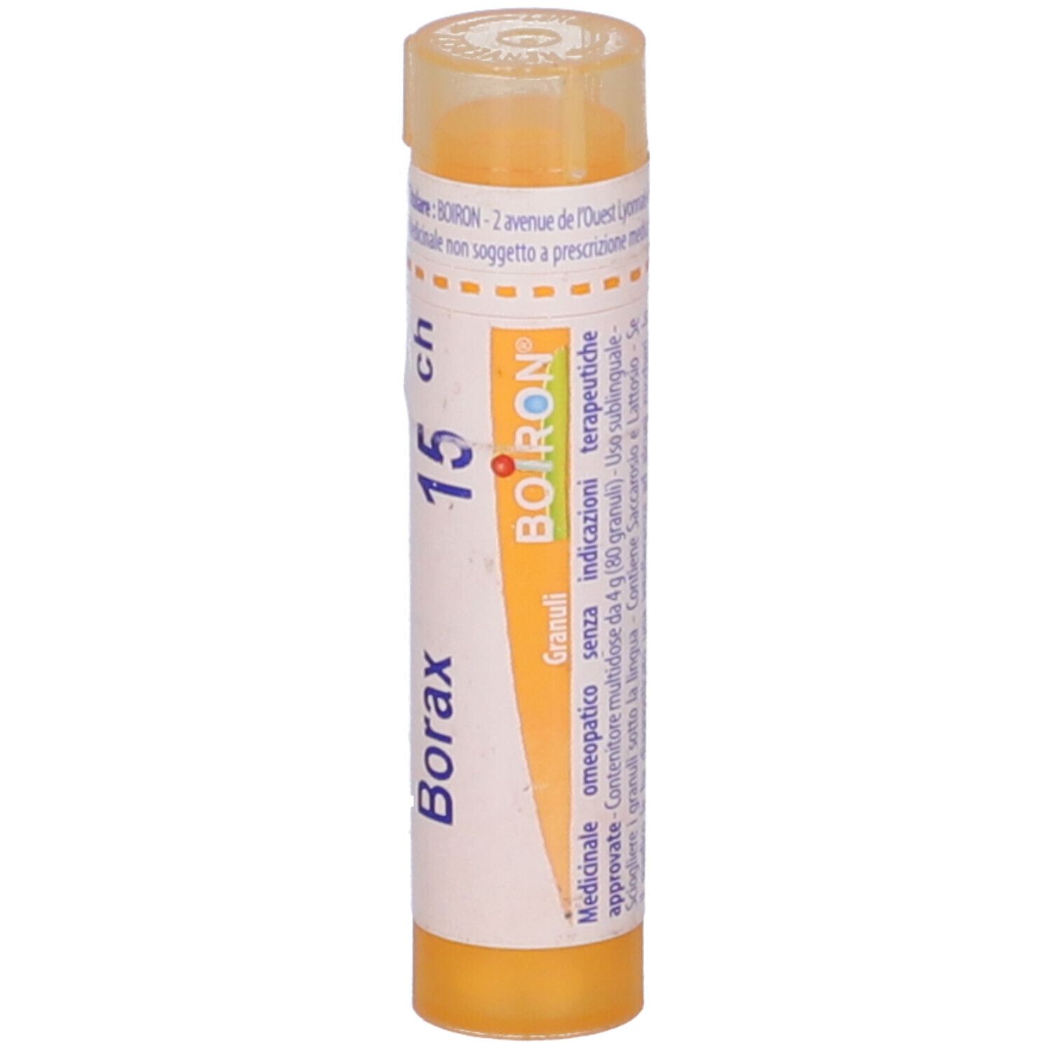 Tubo giallo con etichetta bianca. Scritta: Borax 15 ch, BOIRON, Granuli.