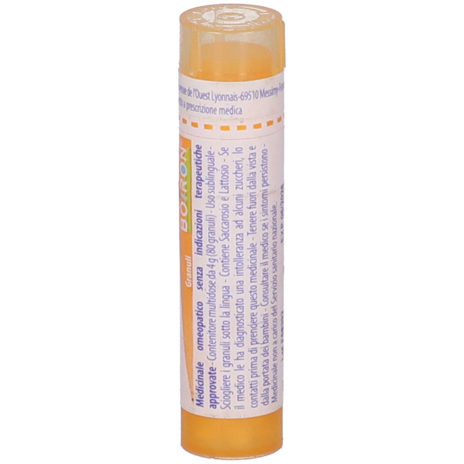 Tubo giallo con etichetta bianca. Scritta: Borax 15 ch, BOIRON, Granuli.
