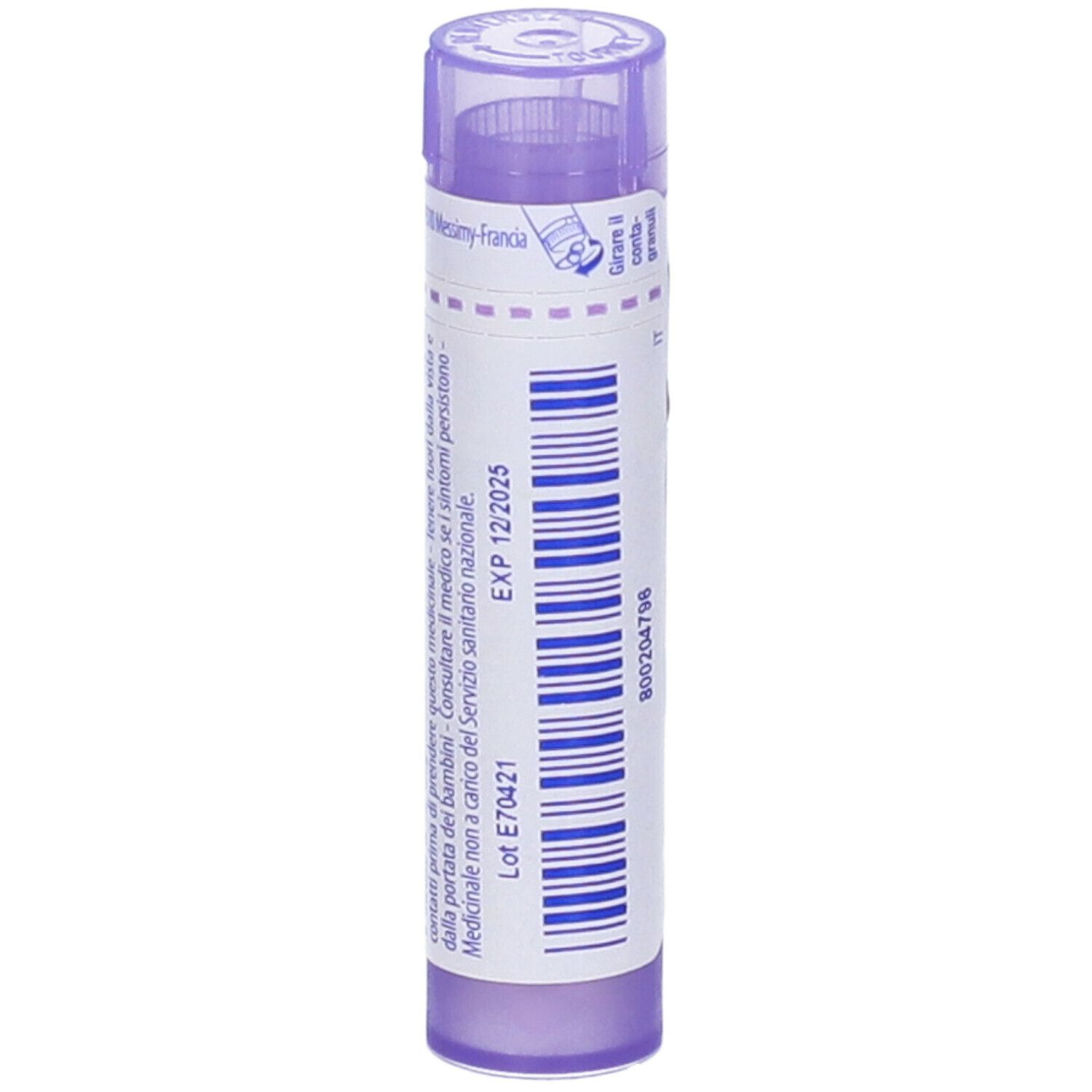 Flacone cilindrico viola con etichetta bianca. Scritta: EXP 12/2025. Vista dettagliata.