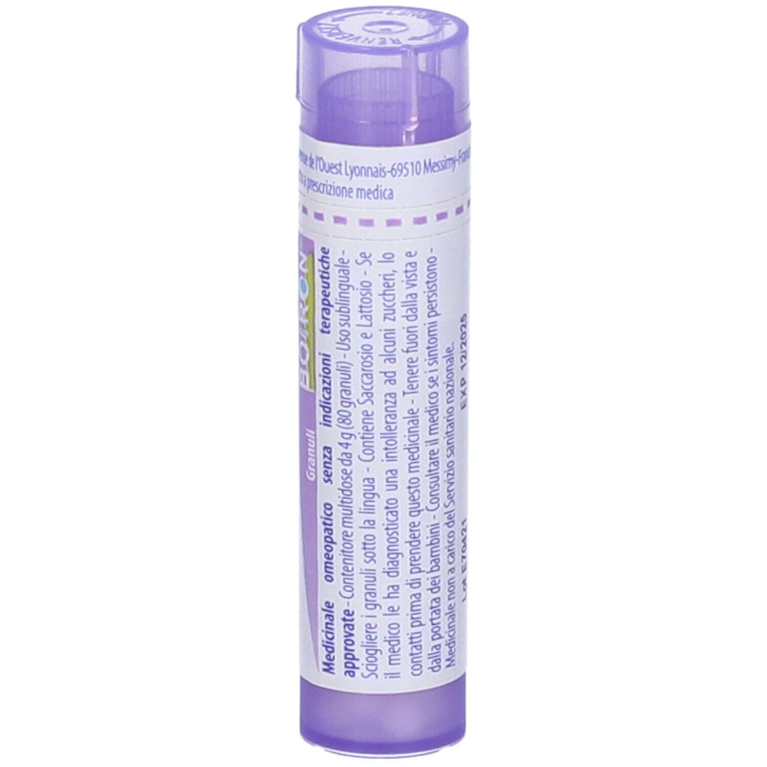 Flacone cilindrico viola con etichetta bianca. Scritta: Informazioni. Vista dettagliata.