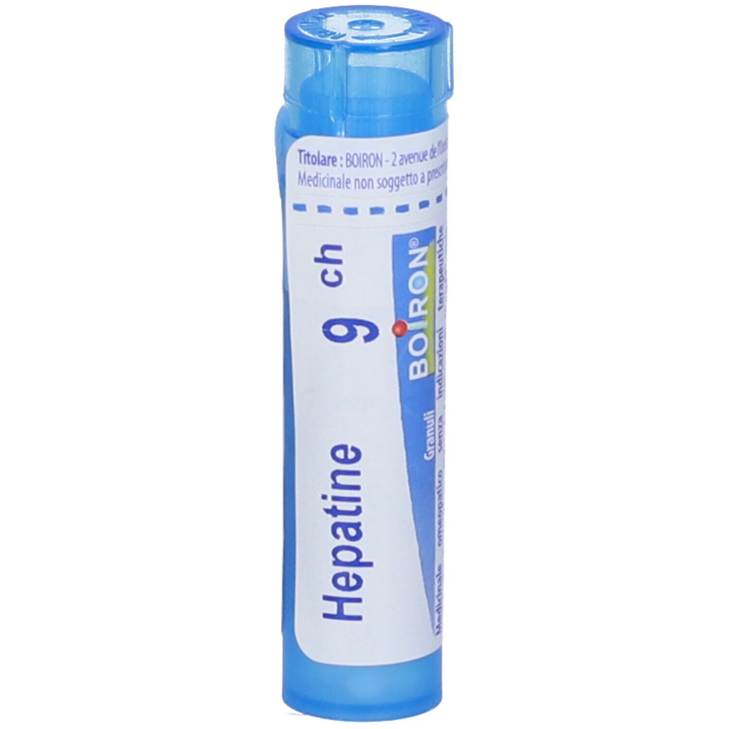 Confezione cilindrica blu. Scritta: Hepatine 9 ch, BOIRON. Tappo blu. Orientamento verticale.