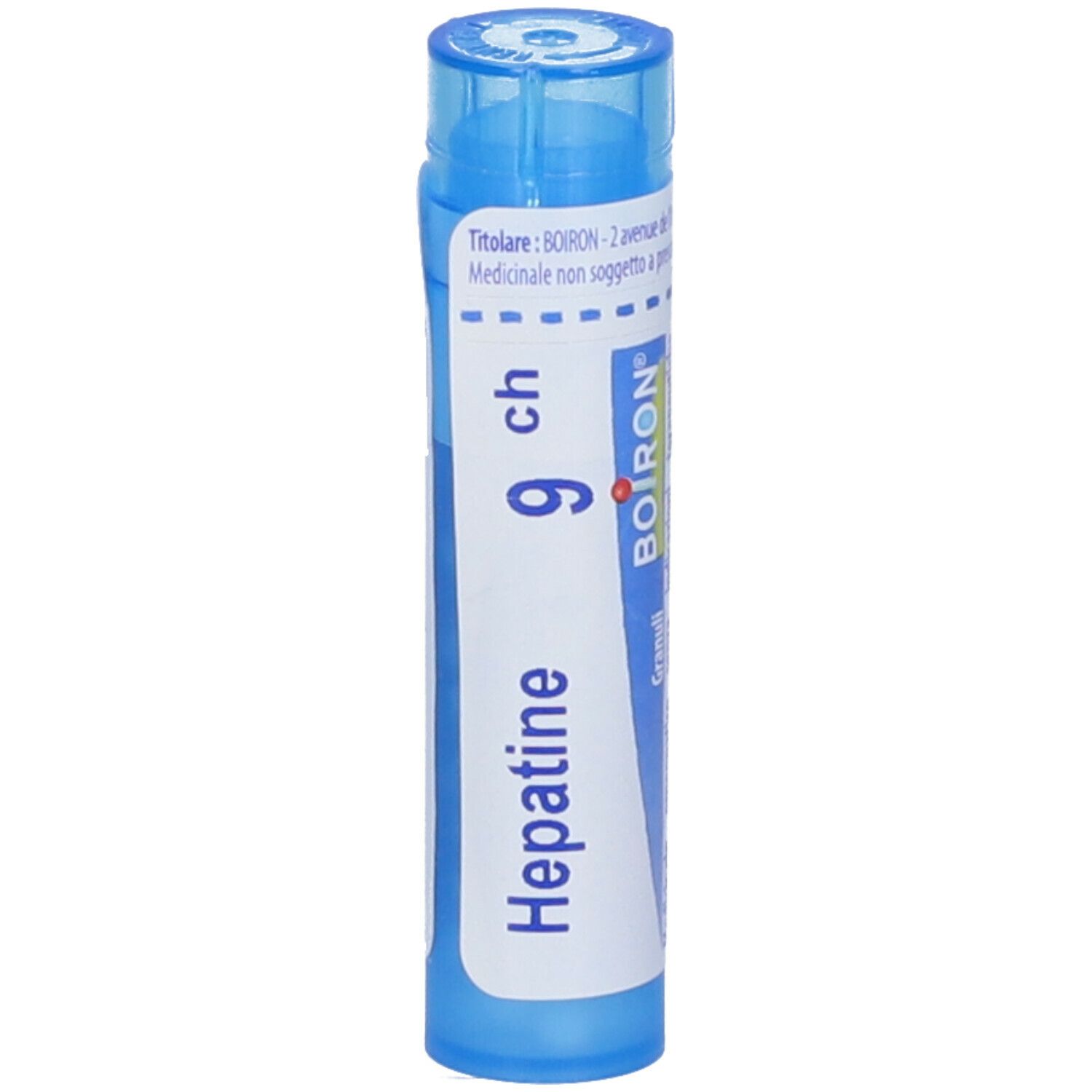 Confezione cilindrica blu. Scritta: Hepatine 9 ch, BOIRON. Tappo blu.
