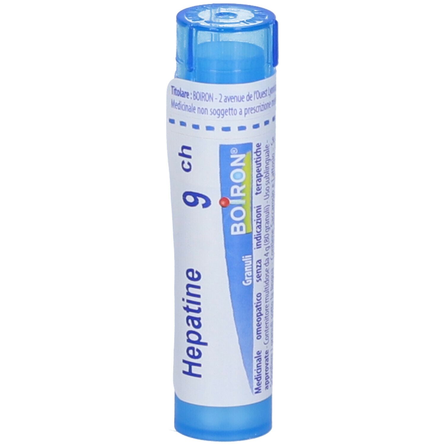 Confezione cilindrica blu. Scritta: Hepatine 9 ch, BOIRON. Tappo blu. Vista dettagliata.