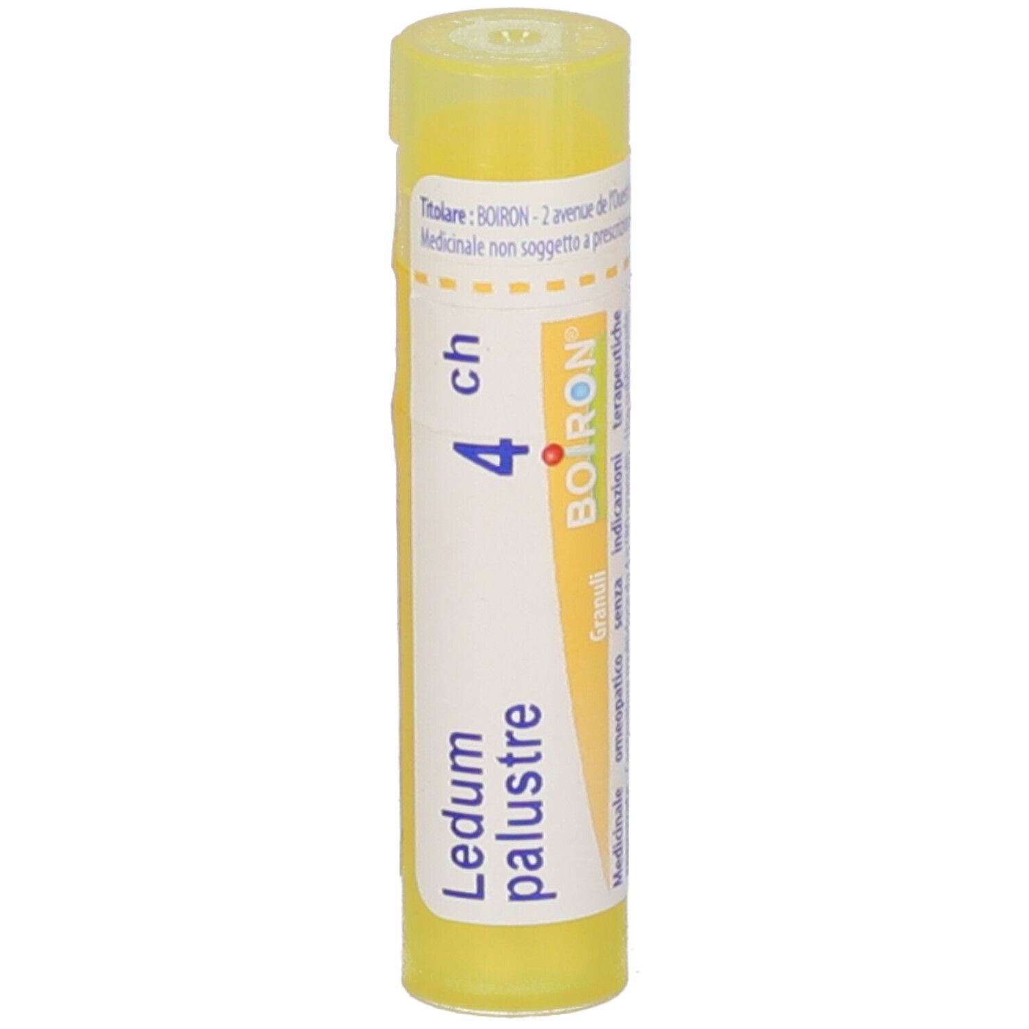 Tubo giallo con "Ledum palustre 4 ch" e logo "BOIRON". Scritte bianche. Vista verticale.