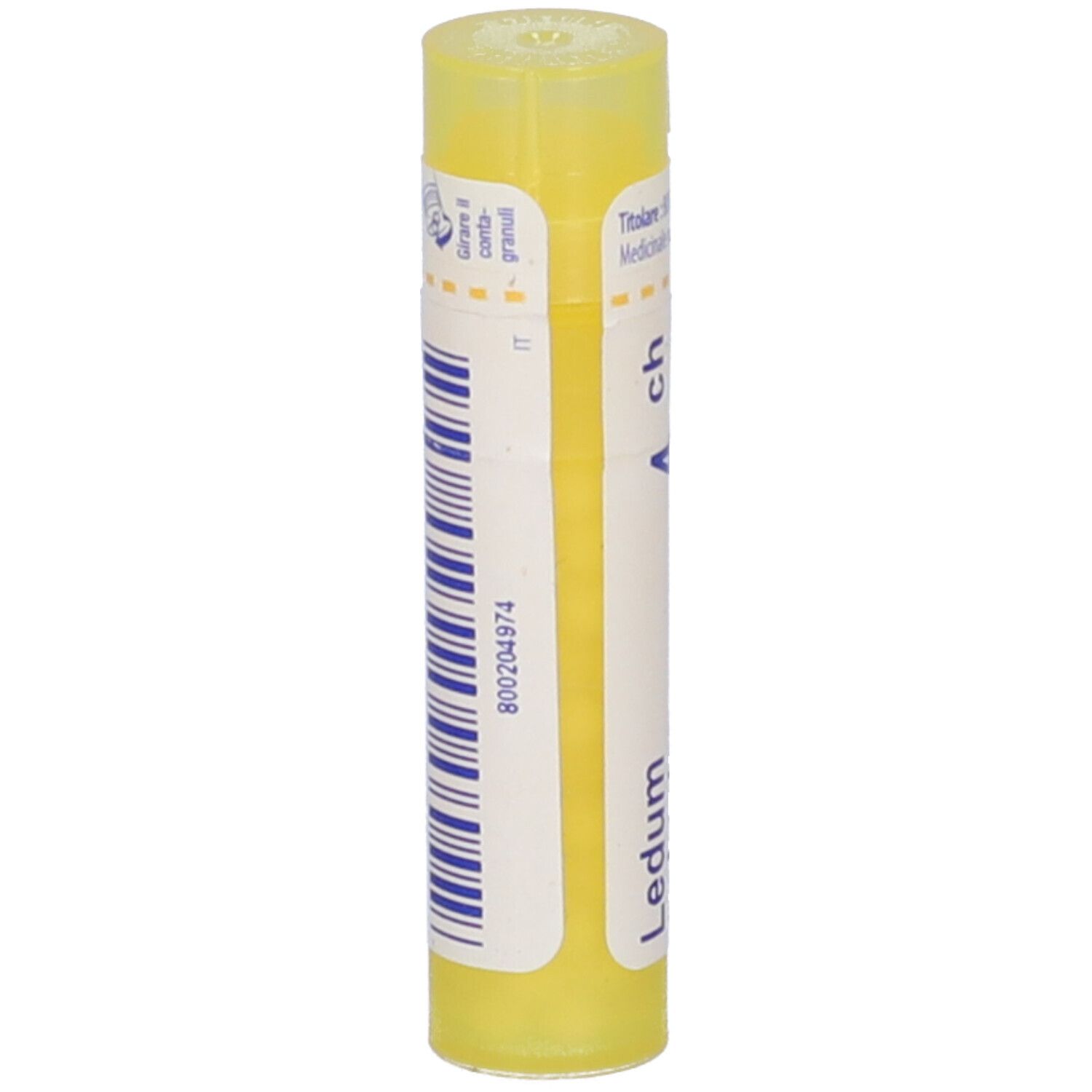 Tubo giallo con codice a barre e scritte. Informazioni sul prodotto sul retro. Vista verticale.