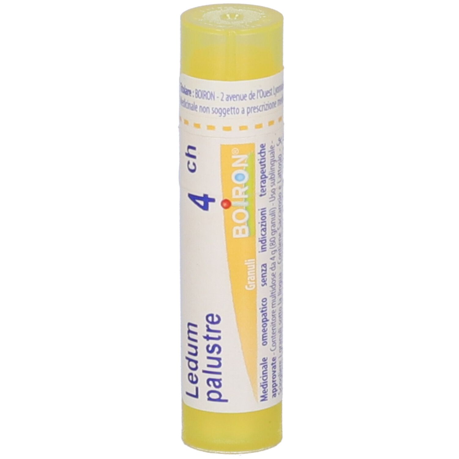 Tubo giallo con "Ledum palustre 4 ch" e logo "BOIRON". Scritte bianche. Vista verticale.