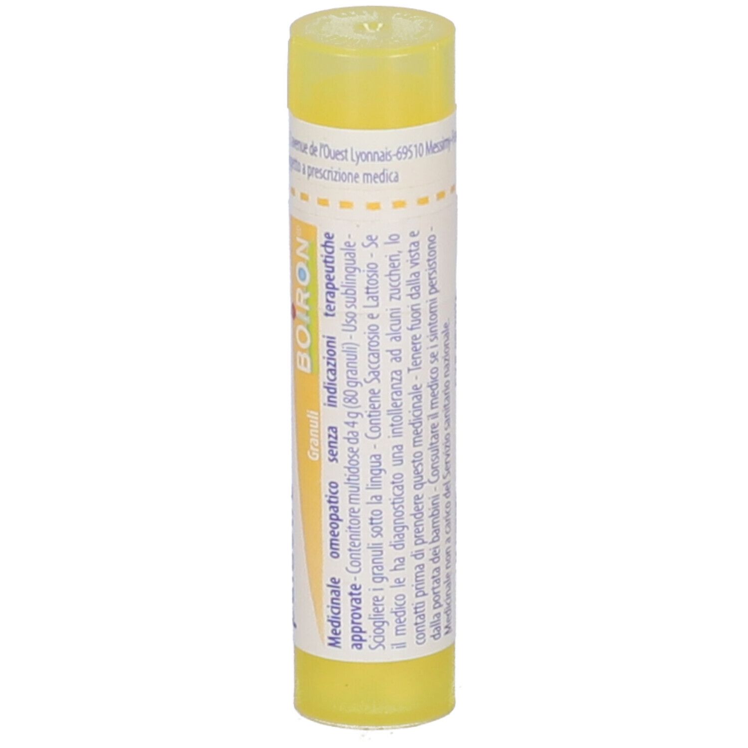 Tubo giallo con informazioni sul prodotto e logo "BOIRON". Vista verticale.
