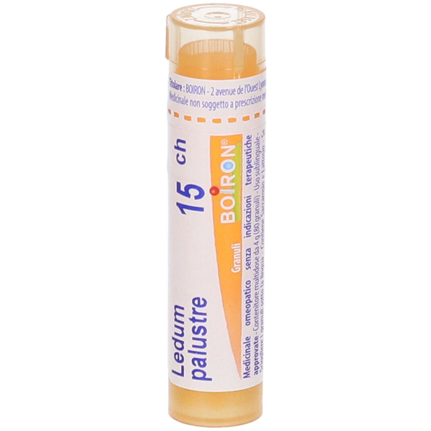 Tubo cilindrico giallo con "Ledum palustre 15 ch" e logo BOIRON. Tappo trasparente.