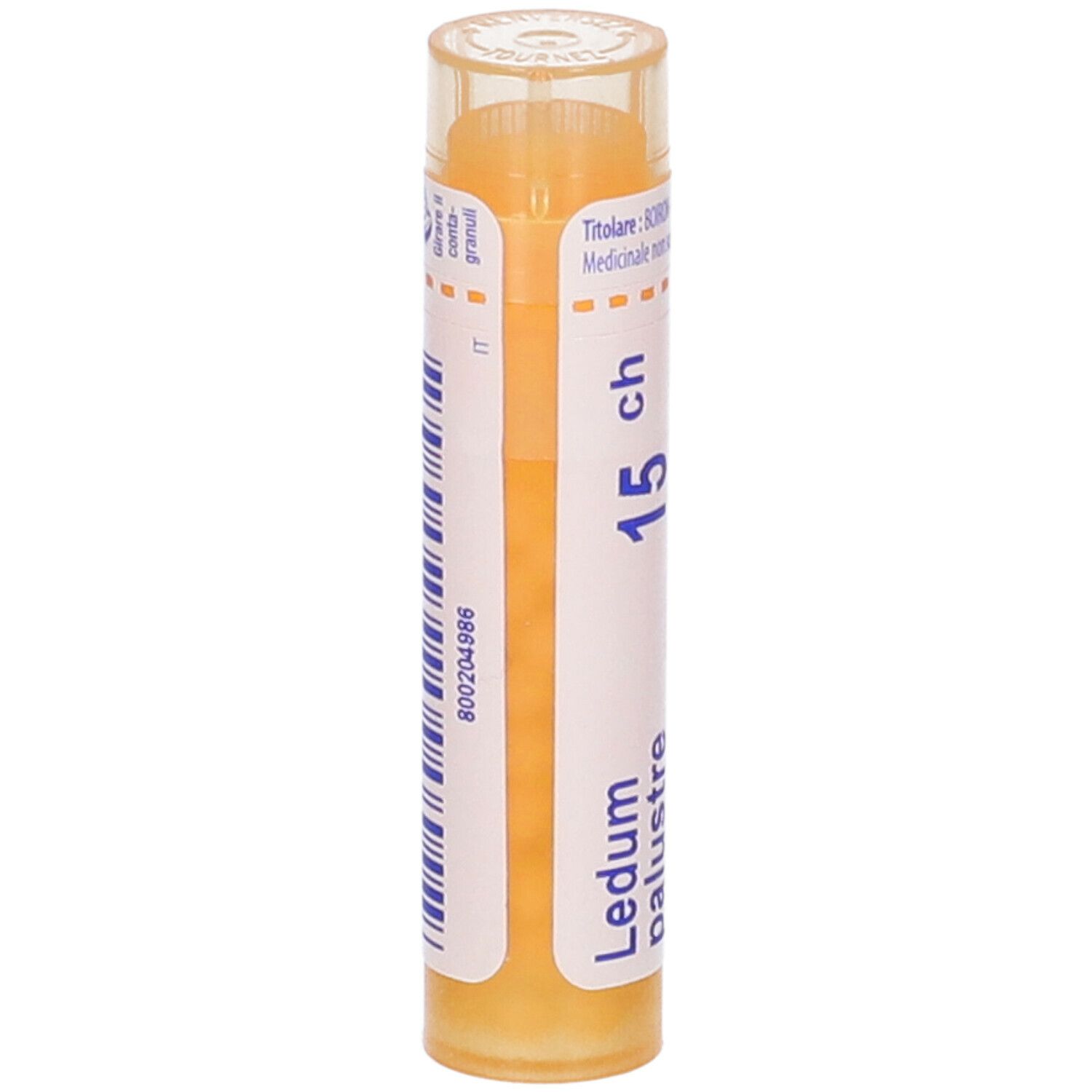 Tubo giallo con "Ledum palustre 15 ch" e codice a barre. Tappo trasparente.