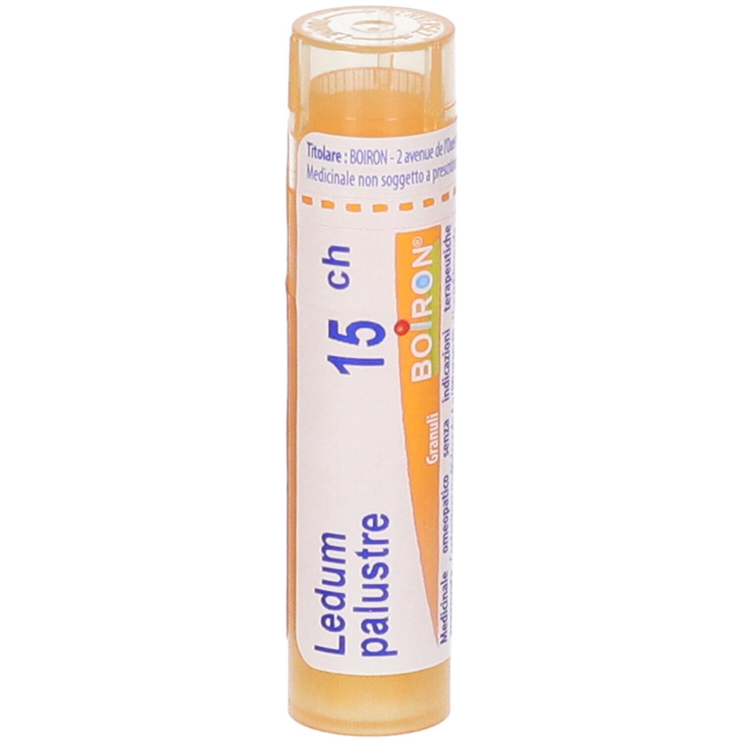 Tubo giallo con "Ledum palustre 15 ch" e logo BOIRON. Tappo trasparente.