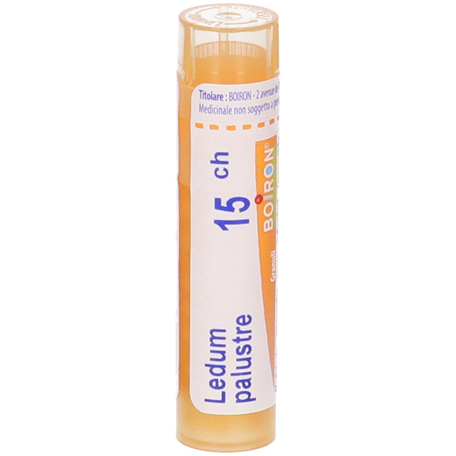 Tubo giallo con "Ledum palustre 15 ch" e logo BOIRON. Tappo trasparente.